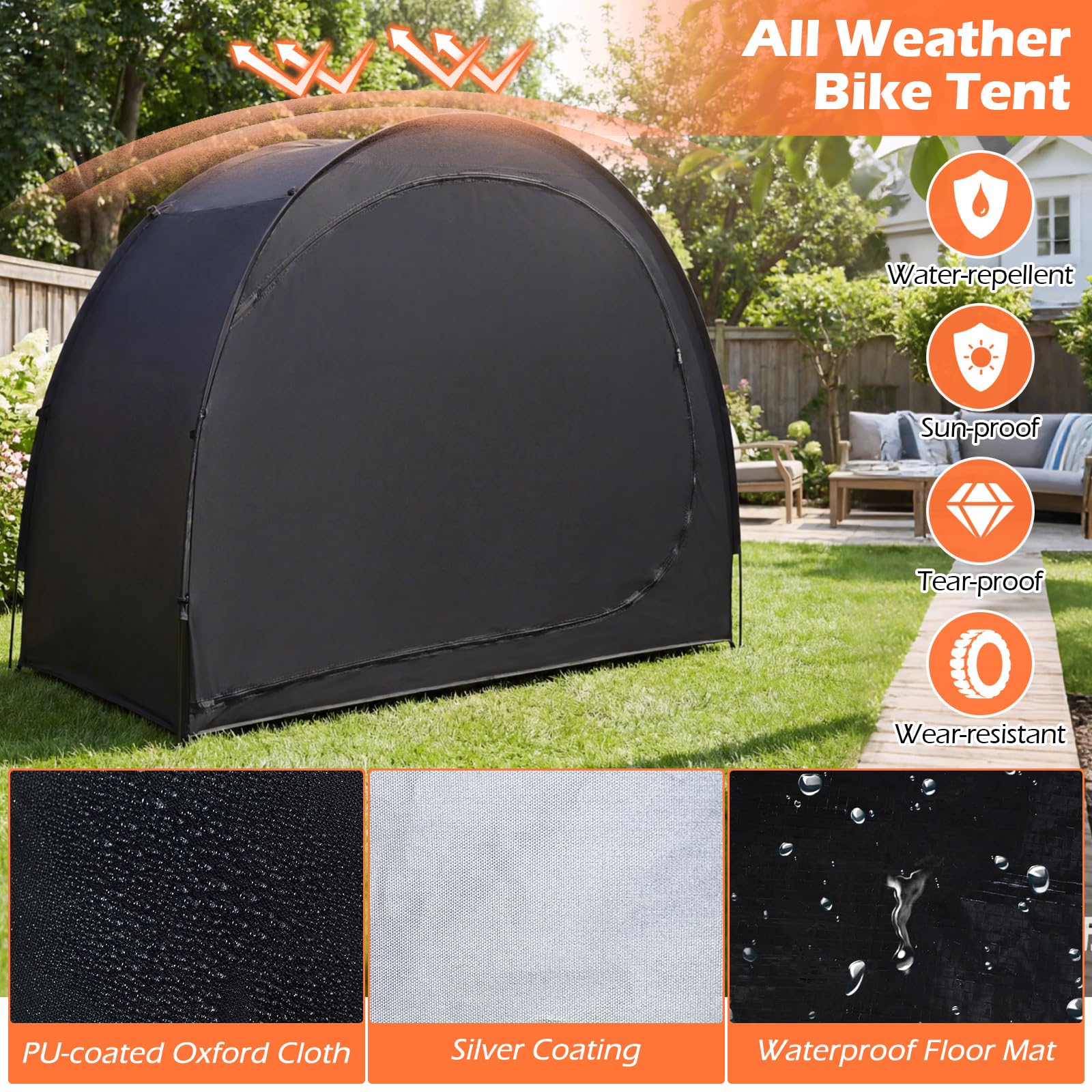 Goplus Bike Storage Shelter, Portable Bicycle Shed w/Waterproof PU Coated Oxford Fabric, Floor Mat, Zippered Door, Bicycle Protection Cover Shelter for Motorcycles, Garden Tools, Lawn Mowers — view 4