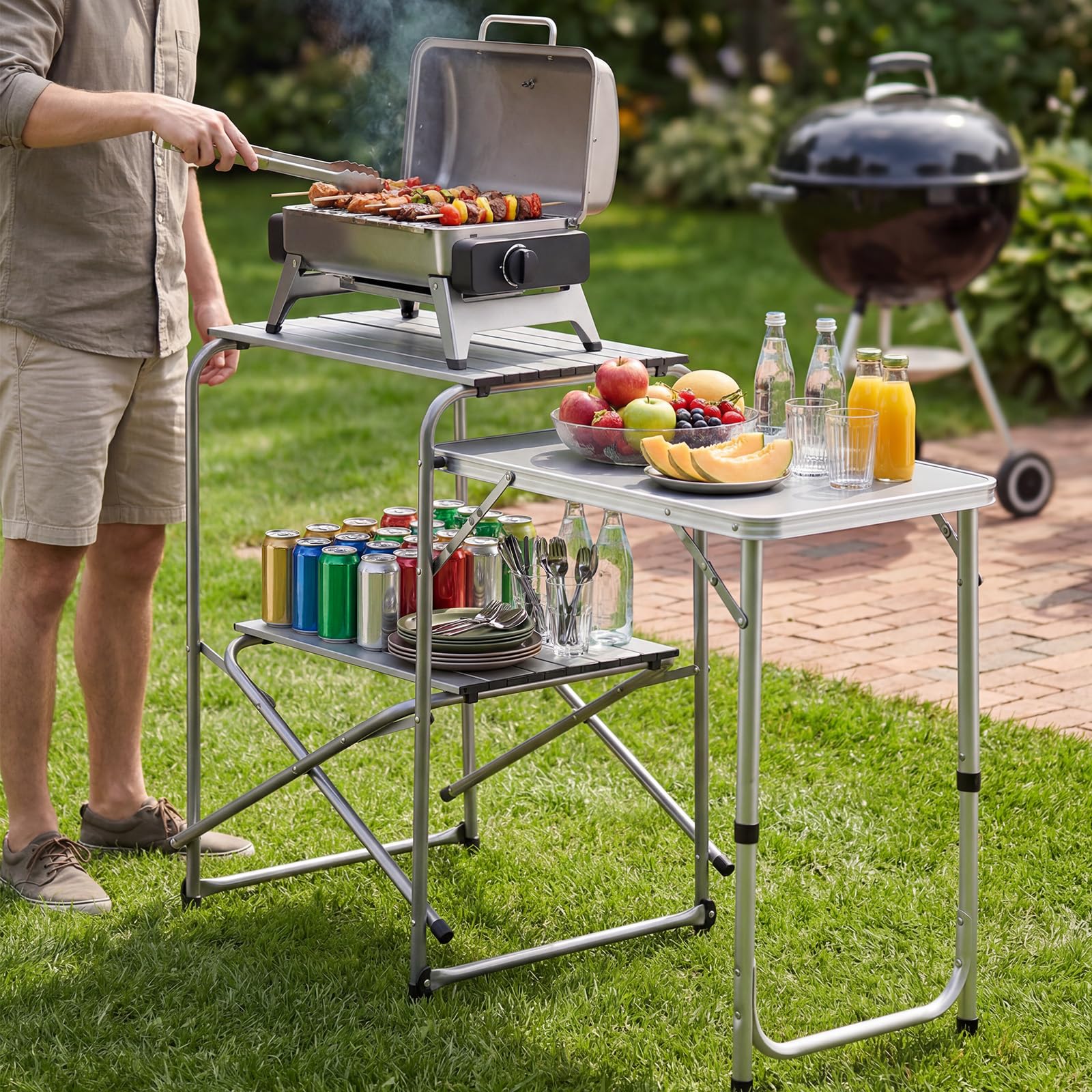 VEVOR Klappbarer Campingtisch, Campingkochstation mit Beistelltisch, Hitzebeständiger Tischplatte und Tragetasche, Tragbare Camping-Küchenstation Ideal für Picknick, Grillen und Wohnmobilreisen