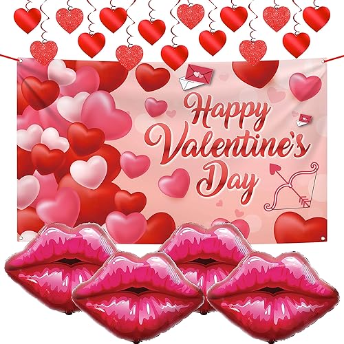 KatchOn, Red Lip Balloons Set - Large 30 Inch, Pack of 4 Happy Valentines Day Banner - XtraLarge 72x44 Inch Glitter Red Hanging Heart Swirls - KatchOn, Red Lip Balloons Set - Large 30 Inch, Pack of 4 Happy Valentines Day Banner - XtraLarge 72x44 Inch Glitter Red Hanging Heart Swirls -