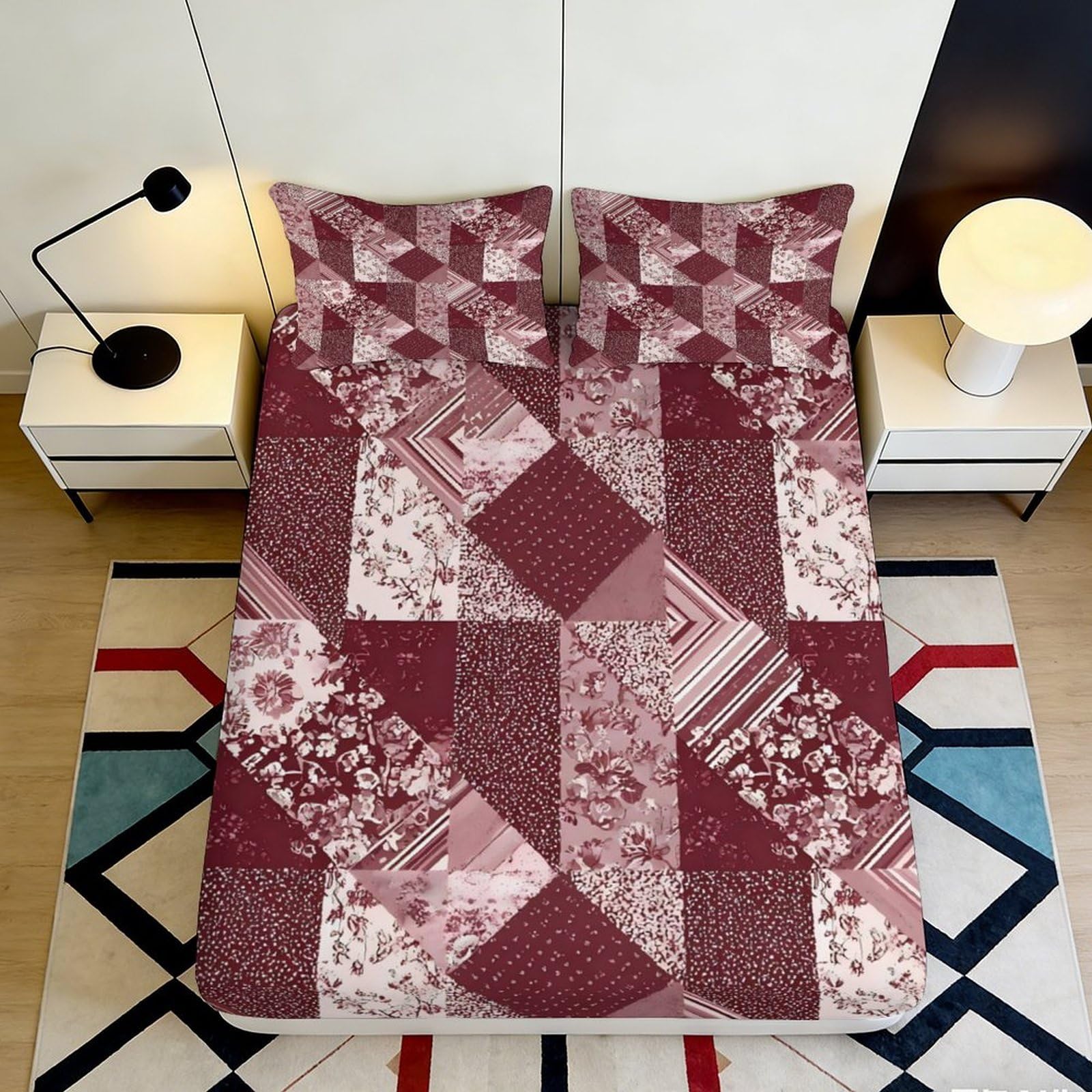 Jqzkxnhpbr Style-3 3D Printed Burgundy Patchwork Fitted Sheet Microfiber Soft Anti-Slip Floral Geometric Bed Cover For Bedroom Guest Room Decor 90X200x25cm