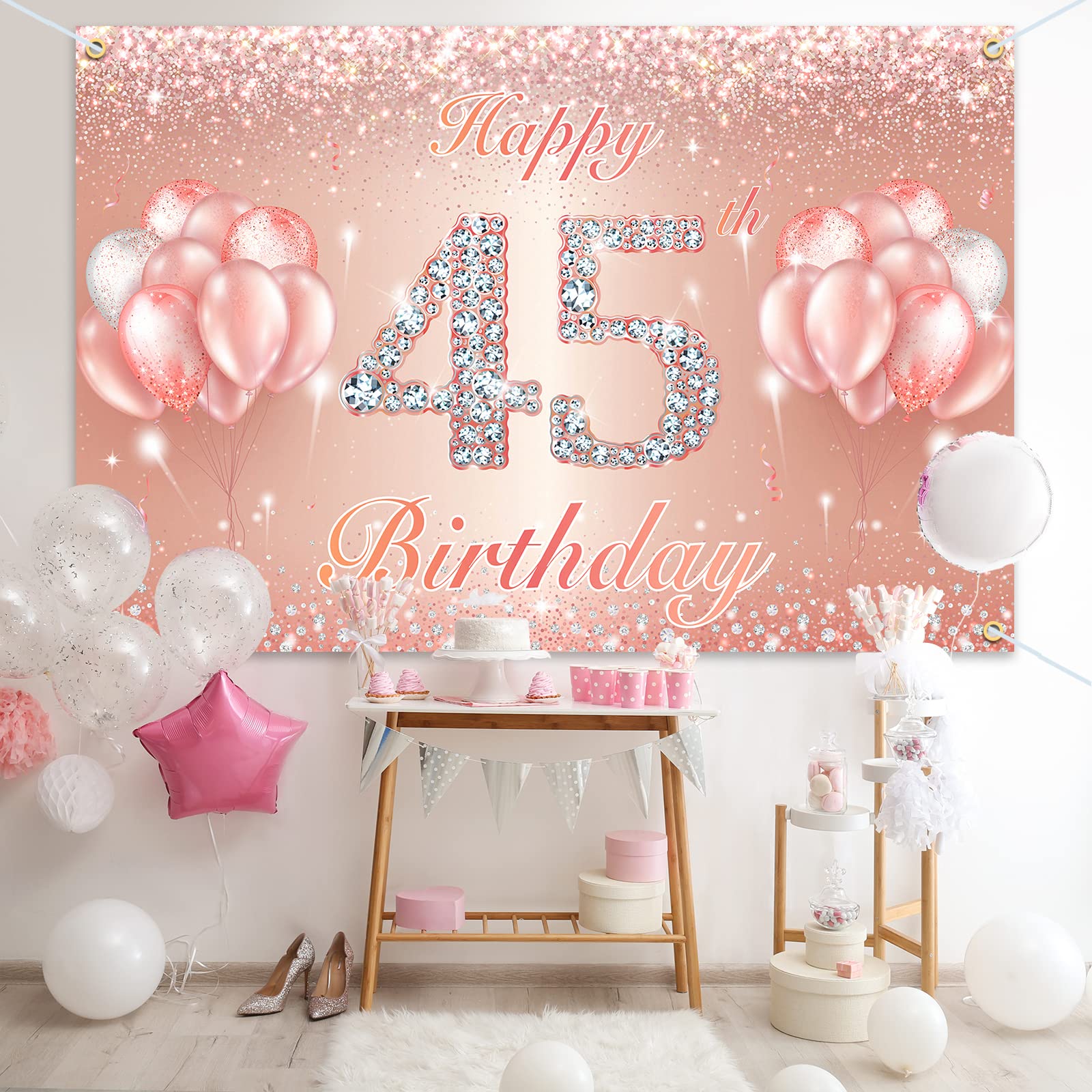 Baner "Happy 45th Birthday" tło - 45 dekoracje na przyjęcie urodzinowe materiały dla kobiet lub mężczyzn - różowe złoto 1,2 x 1,8 m