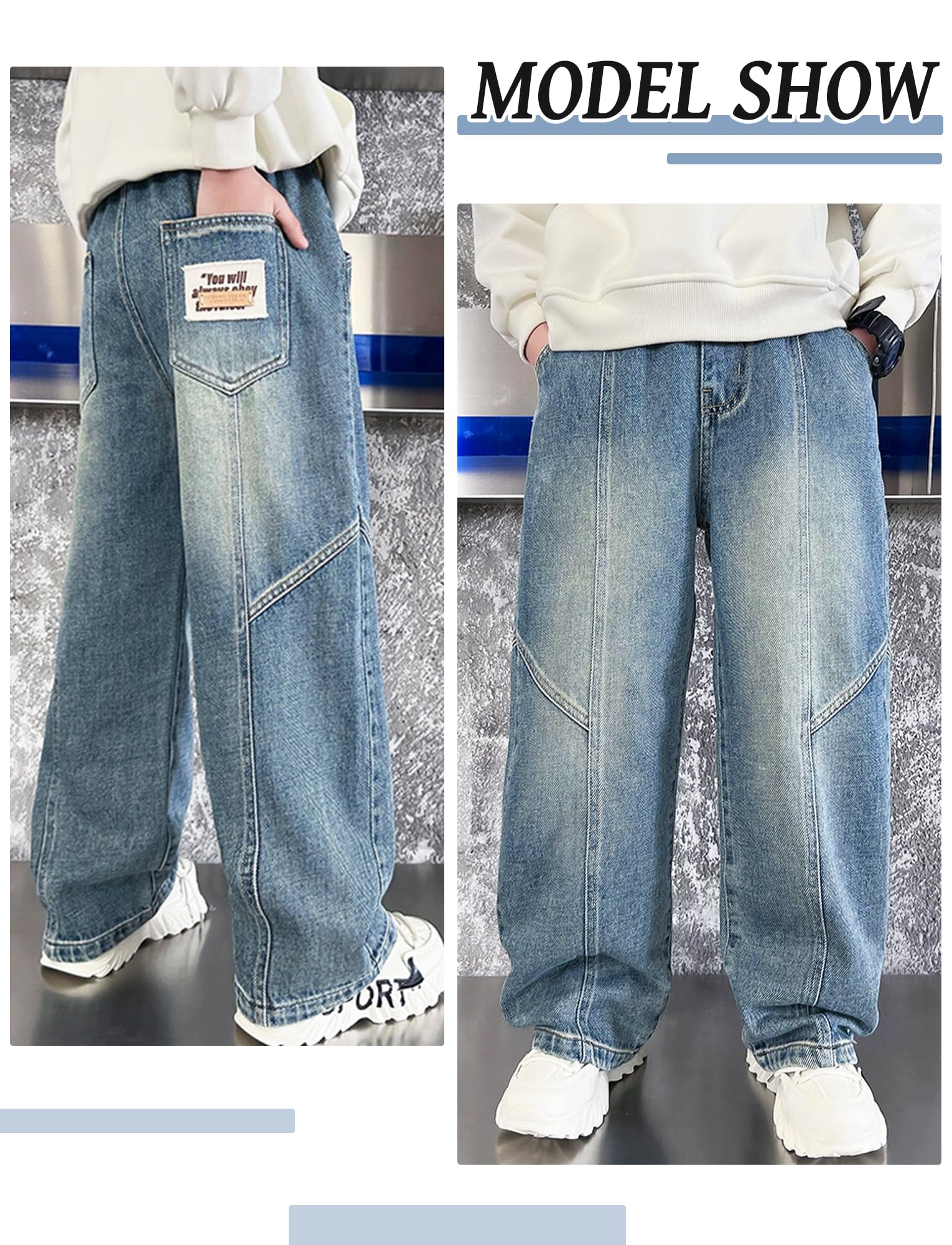 Jeans Baggy Niños Pantalones de Denim de Corte Recto Pantalones Vaqueros Cintura Elástica Vaqueros Corte Recto 5-14 Años