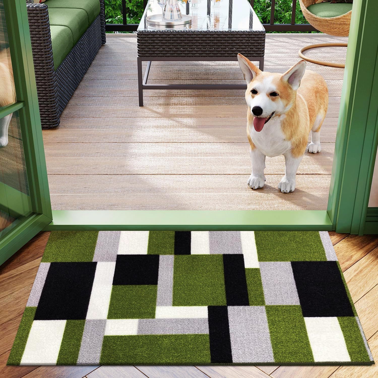 B&B Kilas Non-Slip Washable Doormat, Heavy Duty Welcome Dirt Trapper, Water Absorbent Floor Mat for Indoor, Front Entrance, and Kitchen (Green Black, 60 x 110 cm)
