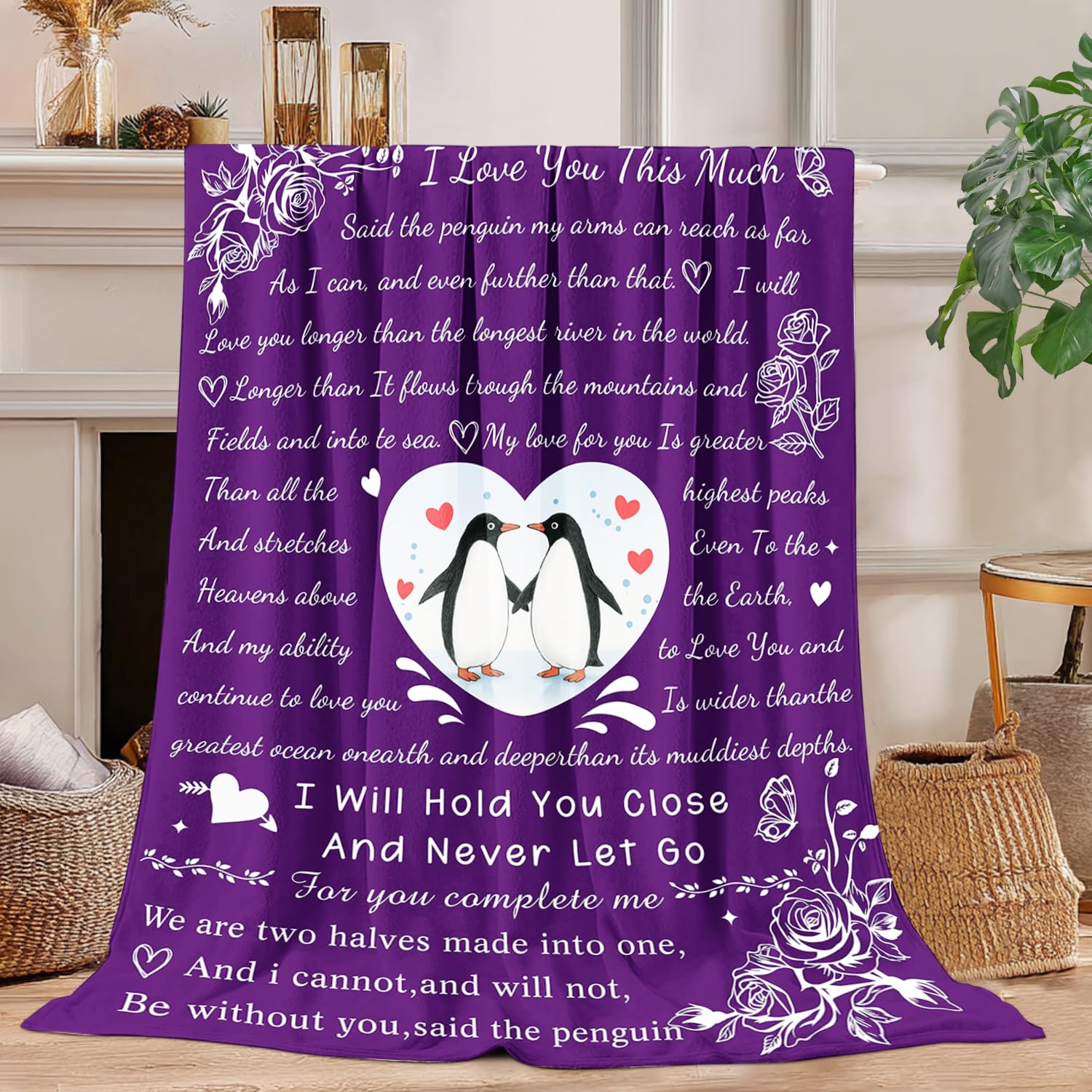 Knerova Women's Purple Gifts For Her Him - Romantic Penguin Blanket For Her Him, Wedding Anniversary Blanket For Men, Birthday Gifts For Boyfriend Girlfriend, Wedding Gift For Wife Husband 60'' X 50''（Purple）