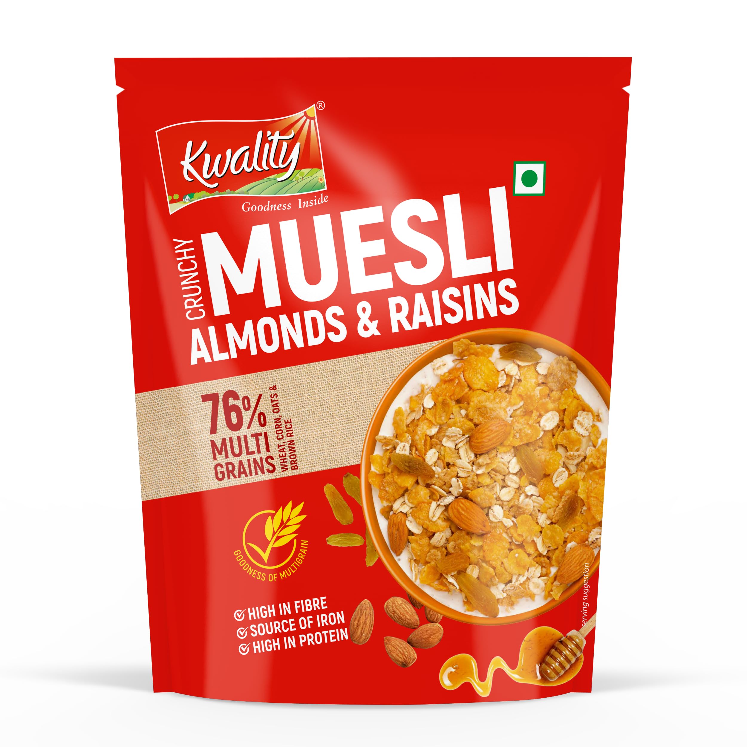 Kwality Muesli Crunchy 100g | 76% Multi Grains, Almond, Raisins & Honey | Natural Source of Vitamin & Iron | High in Protein & Fiber | Low Fat & Cholesterol free | Healthy Food & Breakfast Cereal (B0BWRB326B) Amazon Price History, Amazon Price Tracker