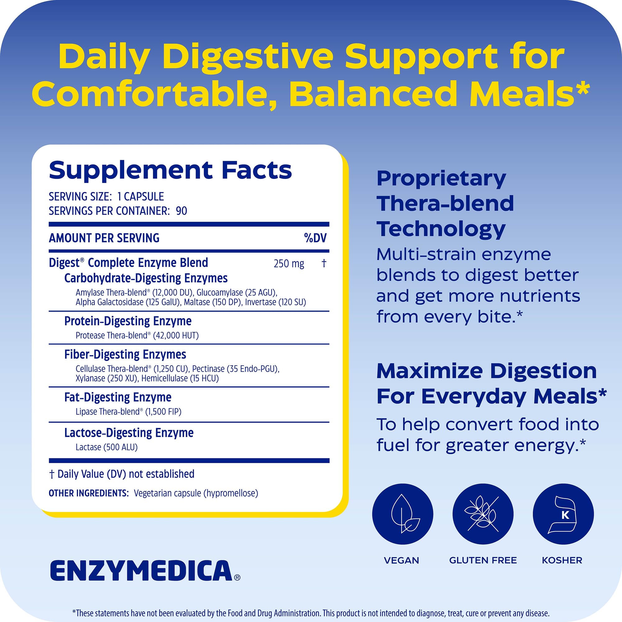 Enzymedica, Digest, Integratore Alimentare a Base di Enzimi ad Azione Rapida, Riduce Gonfiore e Irregolarità, Gluten Free, Senza Lattosio, Vegetariano, 90 Capsulas