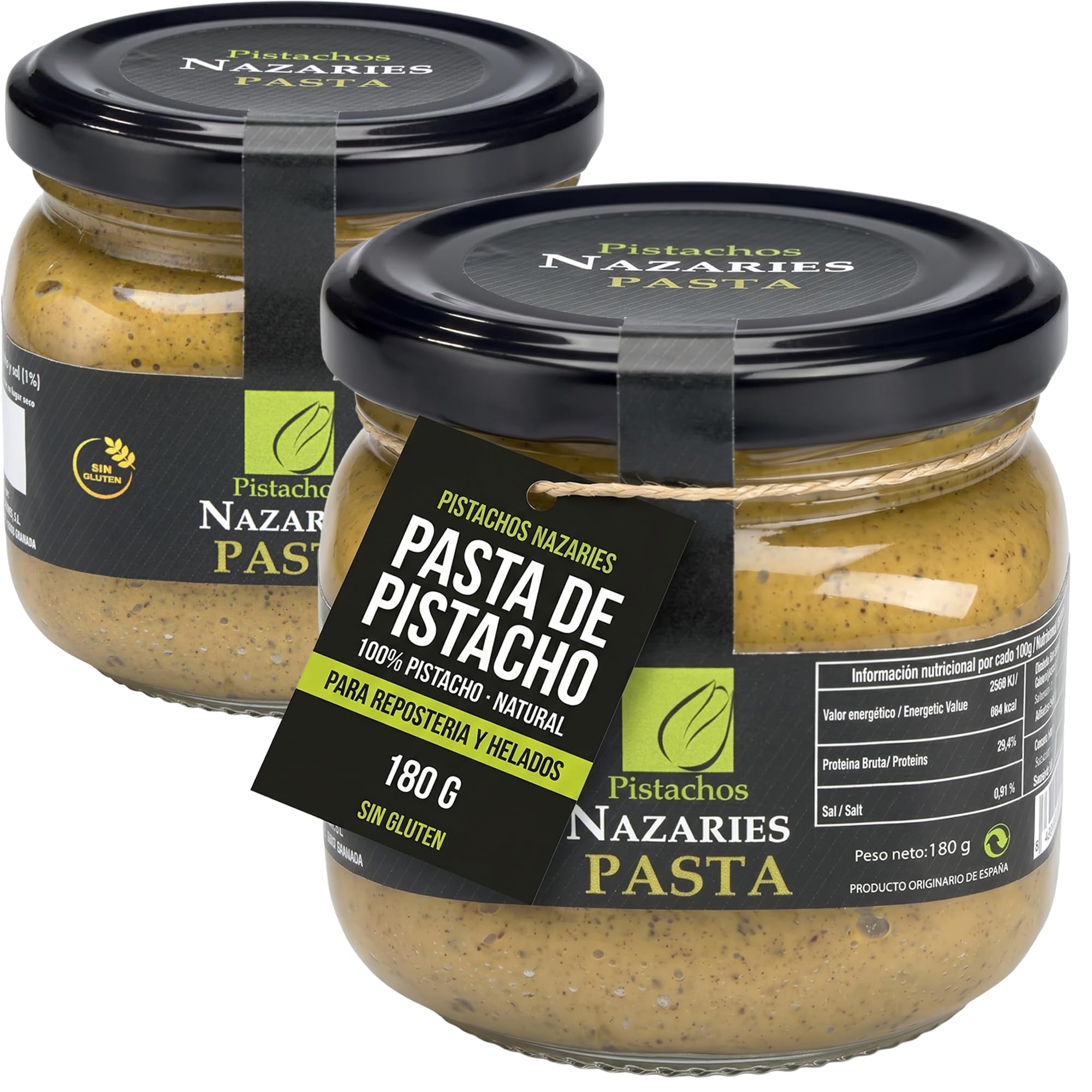 PISTACHOS NAZARIES Pasta de Pistacho 100% Puro Natural 2x180 g Mantequilla Pistacho Para Reposteria Helados Postres y Salsas Sin Azucares ni Aditivos Cultivo Propio Andalucia Español Sin Gluten Vegano