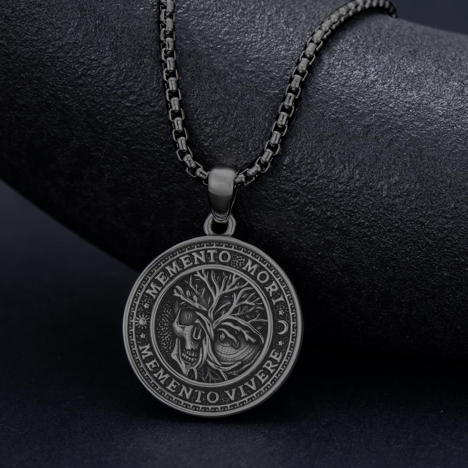 Memento Mori Halskette für Herren 925 Sterlingsilber Memento Mori Anhänger Lebensbaum Totenkopf Schutz Schmuck Geschenke 56 cm + 5,1 cm Kette