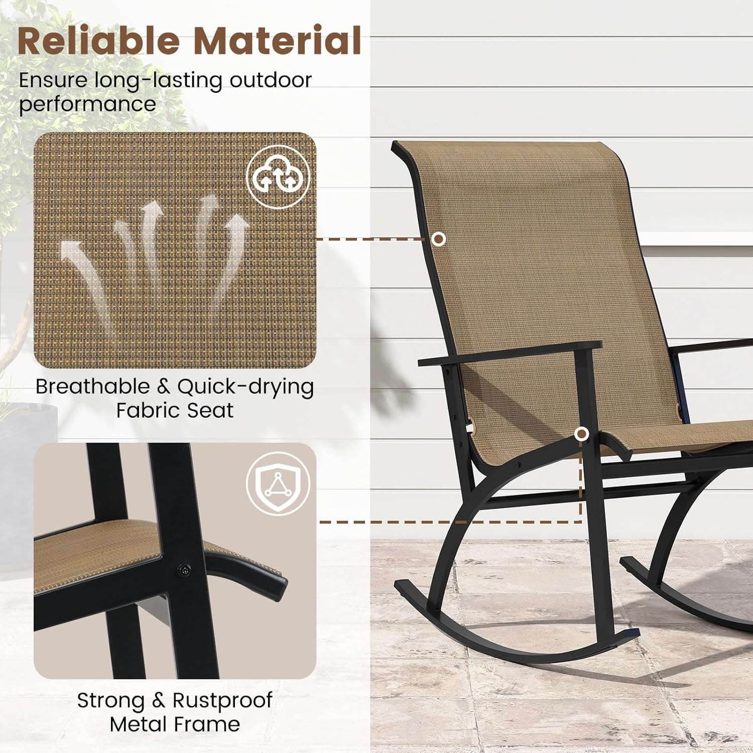 Giantex 3 Piece Rocking Bistro Set, Outdoor Patio Furniture Set with 2 Rocking Chairs & Coffee Table, Cozy Armrests, Heavy-Duty Metal Frame, for Balcony, Porch, Yard, Poolside (Brown)