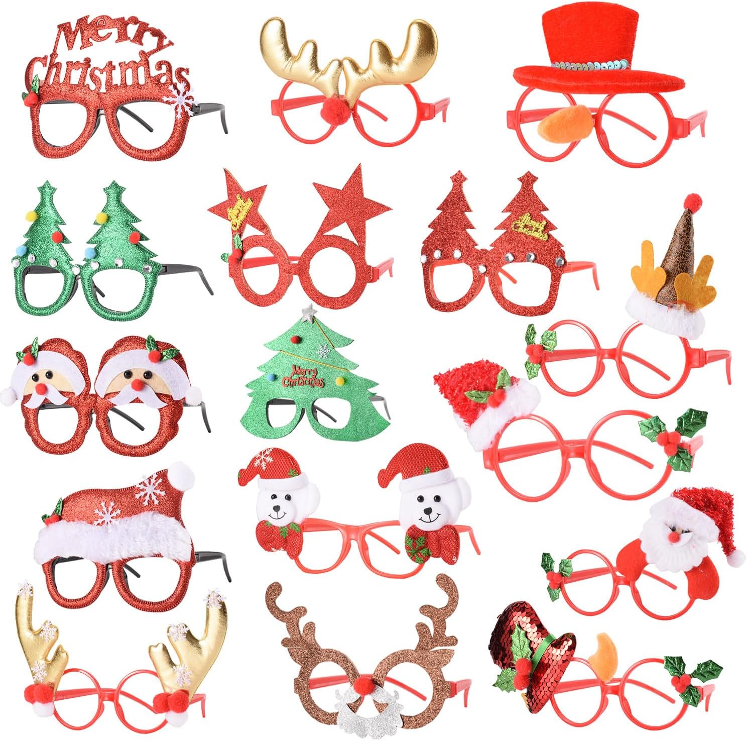 16 PCS Christmas Holiday Glasses for Kids & Adults ,Cute Christmas Glasses Frames,Fun Christmas Party Favors Festive Decorations & Trinkets , Perfect for Goodie Bag Stuffers ，Photos booth