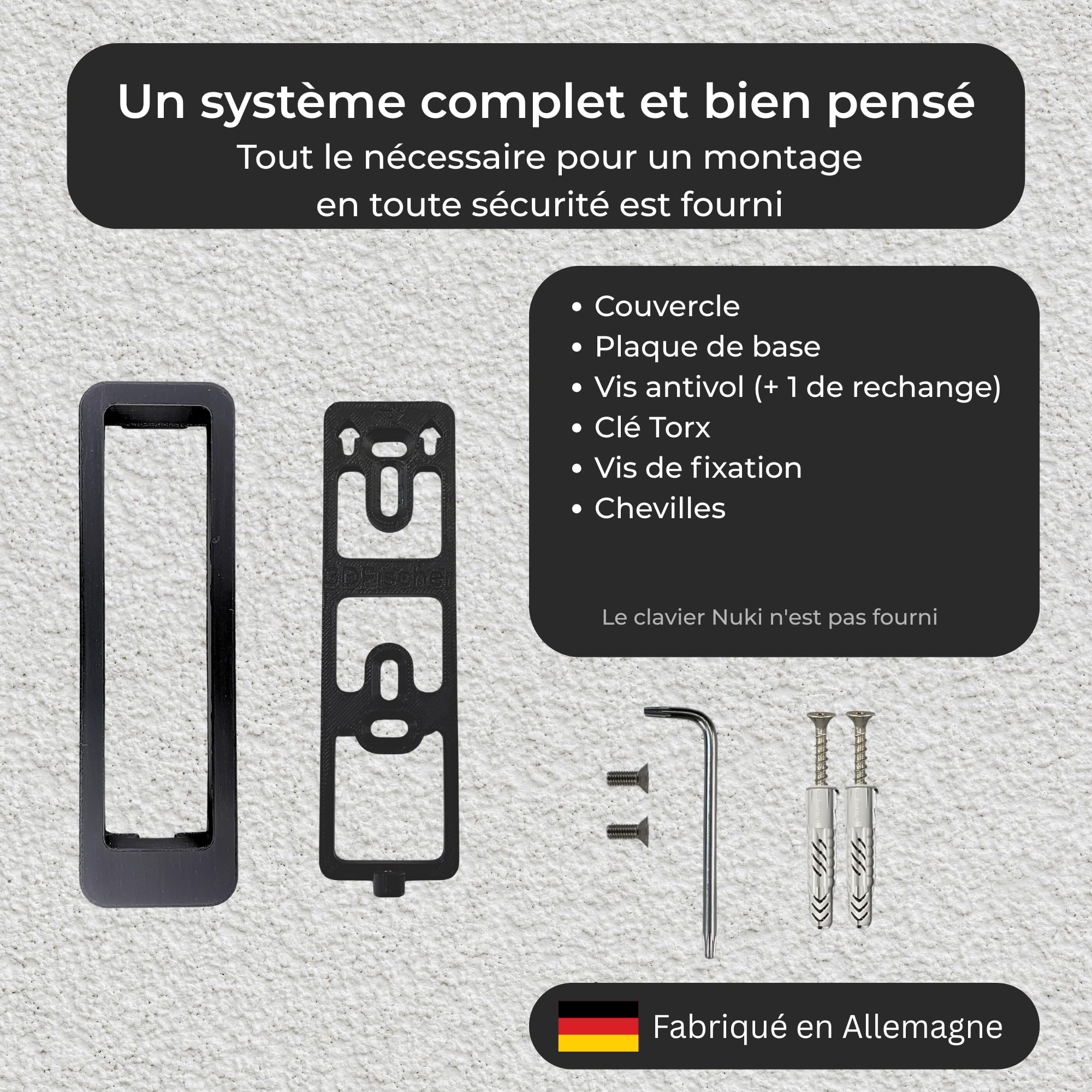 Generisch Support mural compatible avec Nuki Keypad 2 et NFC – Housse de protection antivol avec vis de sécurité Torx – Protection contre les intempéries – Finition imitation plâtre - Noir (avec toit