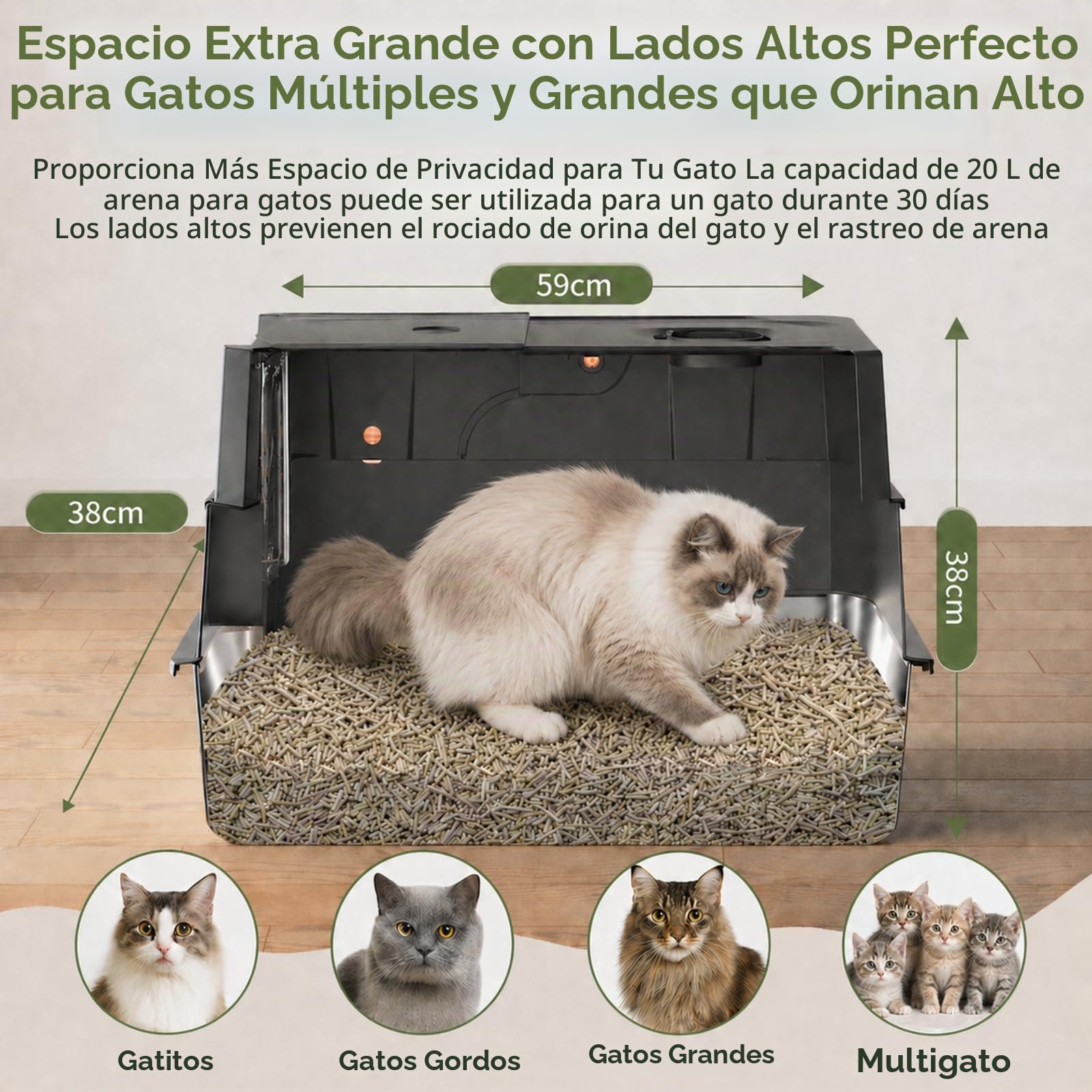 Gimars Caja de Arena para Gatos 3 en 1 de Acero Inoxidable con Laterales Altos y Antifugas, Caja de Arena Cerrada Extragrande de Fácil Limpieza con Pala, Entrada Frontal y Superior para Varios Gatos