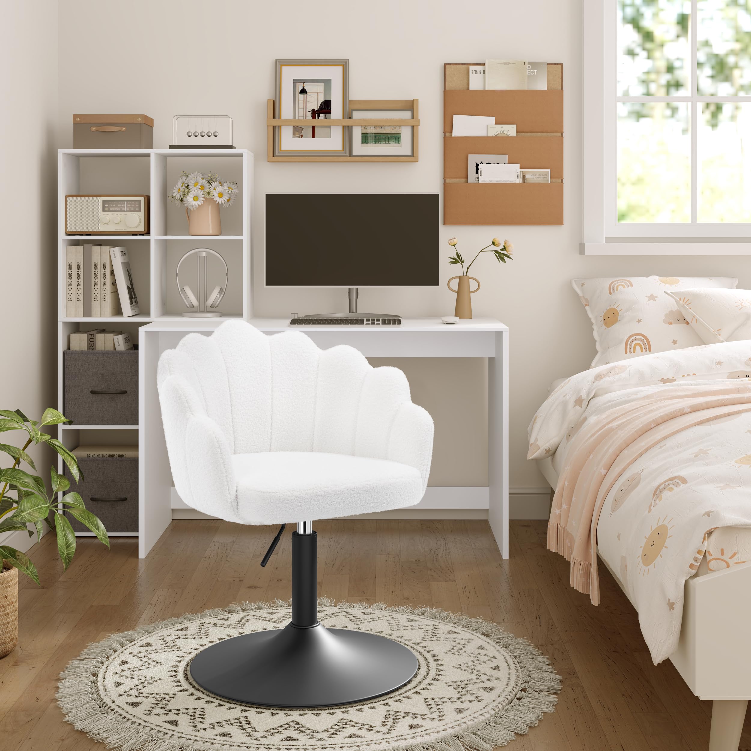 WOLTU Sedia da Trucco, Poltrona Girevole in Tessuto Bouclé, Sgabello da Trucco Regolabile in Altezza per Camera da Letto, Soggiorno, Bianco