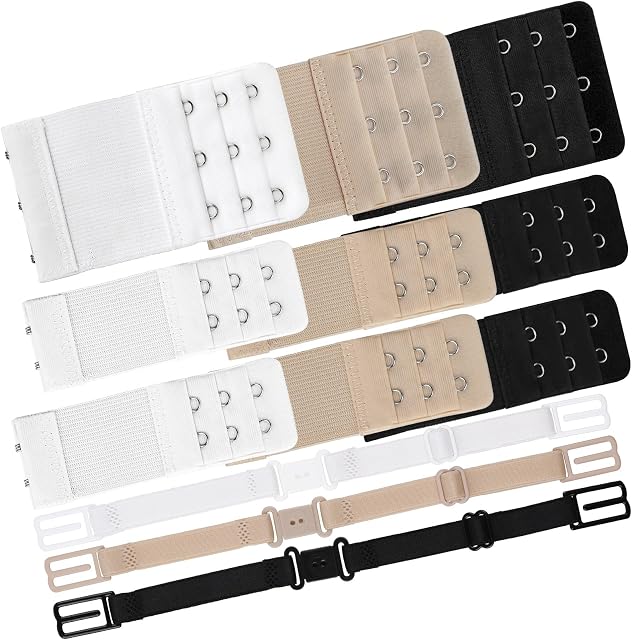 WD&CD 12 Pcs Bra Extenders, 3 Hooks / 2 Hooks Black White Beige with 3 Pcs Non-Slip Elastic Bra Strap Clips for Women