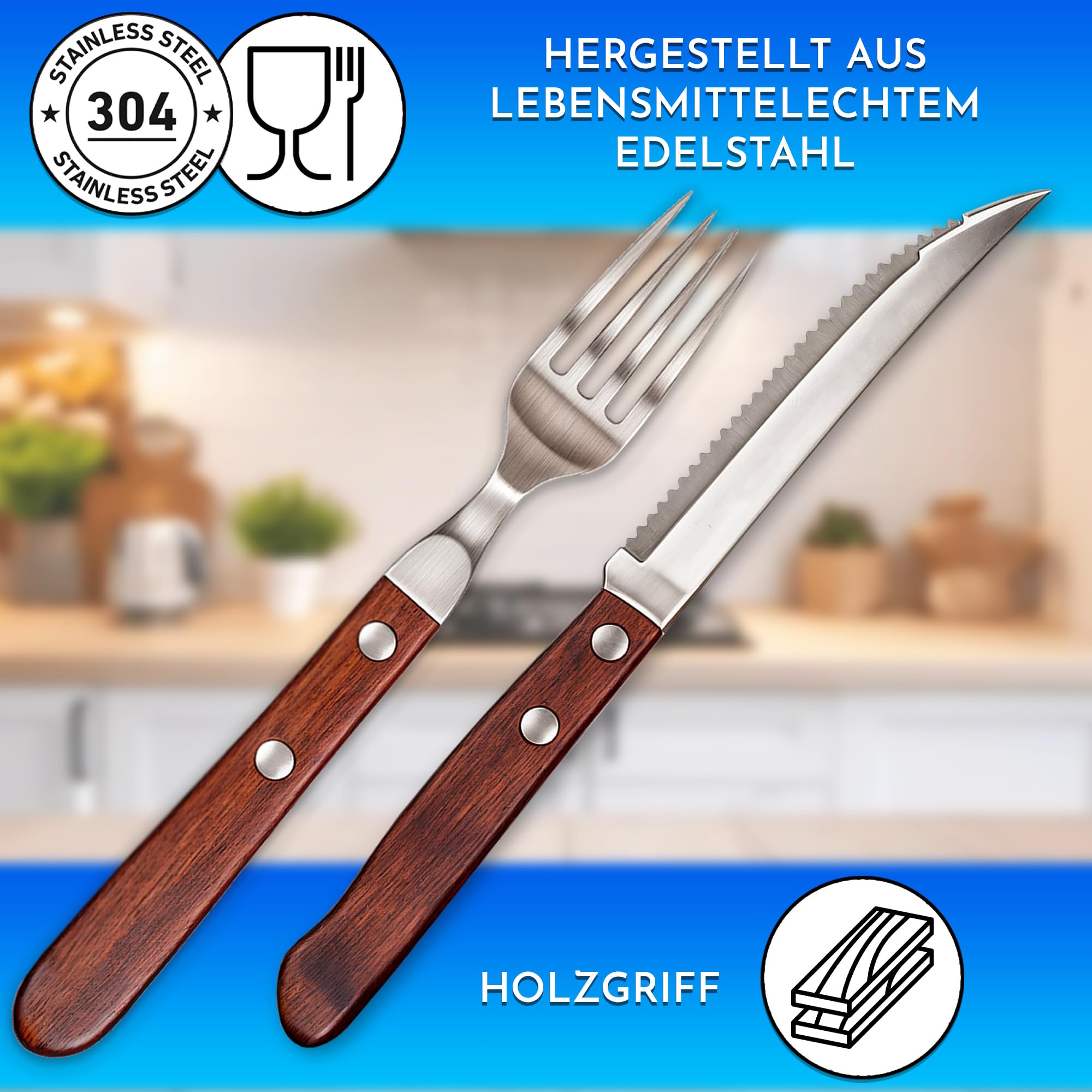Steakbesteck edelstahl holz set 12 teilig mit 6 teilig Steakmessern und 6 teilig Steakgabeln
