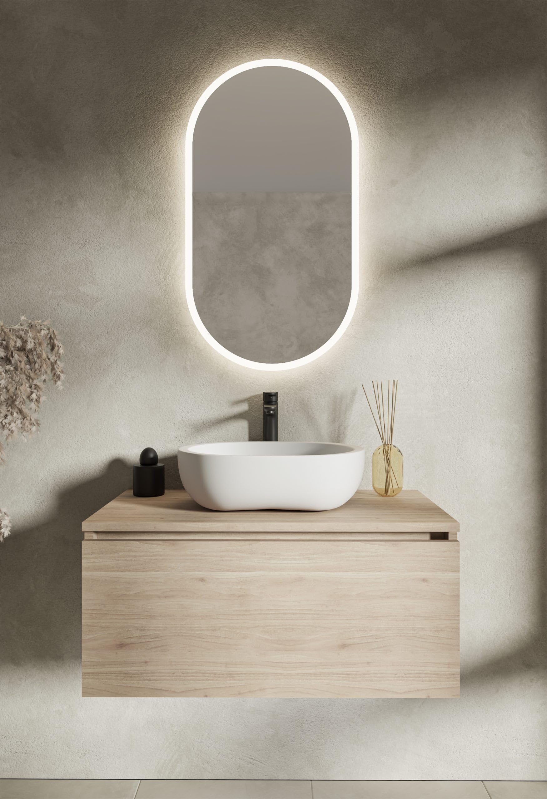Newmi by Miior - Badspiegel mit Beleuchtung - Ovaler Badezimmerspiegel mit LED Licht - 50 x 90 cm - mit Herausziehbarem Mechanismus, Ultra Flach, bis 30 cm Herausziehbar - Comet 5090 Weiß