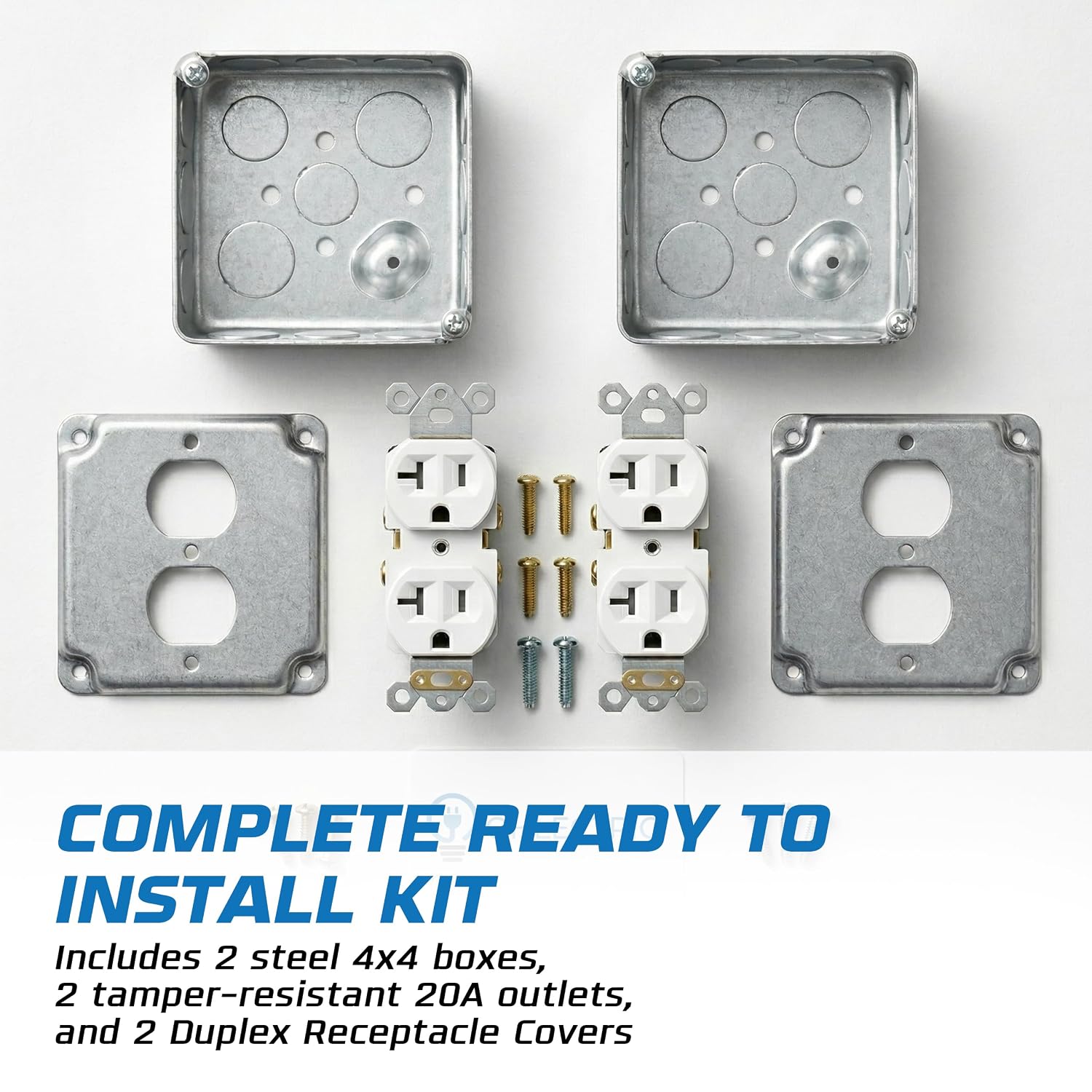OHLECTRIC (6pc) Electrical Junction Box Kit w/ 20 Amp Duplex Receptacle Outlets & Covers (Set of 2) 2 4x4'' Metal Outlet Box, 2 Tamper Resistant Duplex Receptacle Outlets, 2 Duplex Receptacle Cover