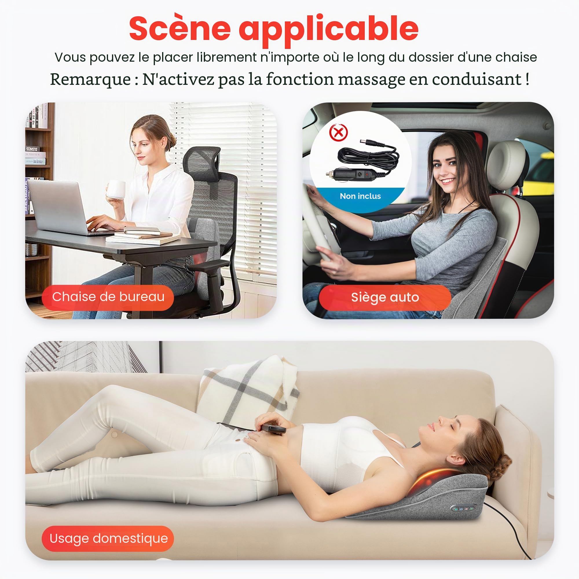 COMFIER Appareil de massage pour le dos, appareil de massage Shiatsu pour chaise de bureau, coussin de massage électrique pour soulager la douleur, à la maison ou au bureau, 2 niveaux de chauffage