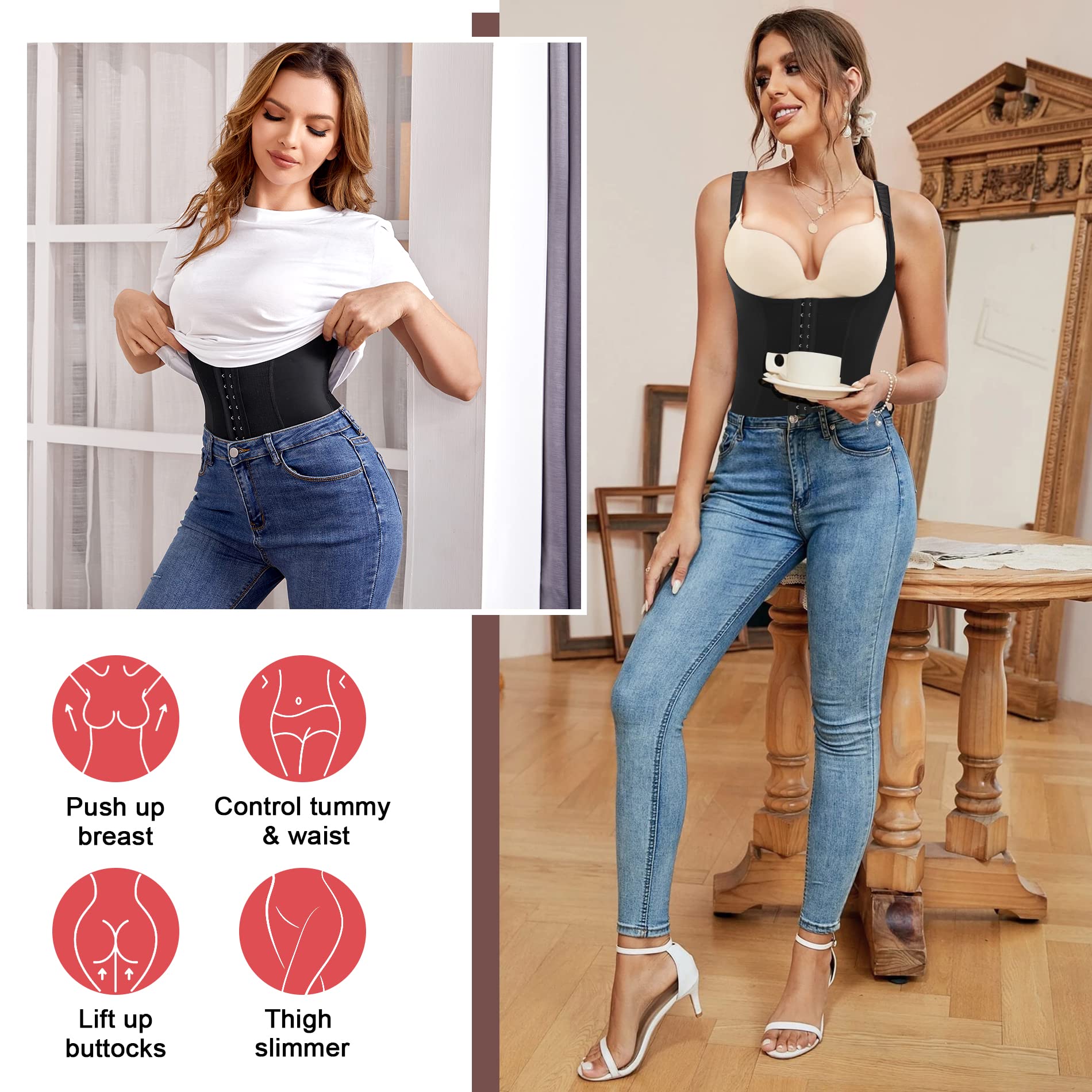 Gotoly Damen Shapewear Bauchweg Stark Formend Bodys Taillenformer Figurformende Body Shaper Unterbrust Korsett Shaping Bodysuit Miederbody mit Bein