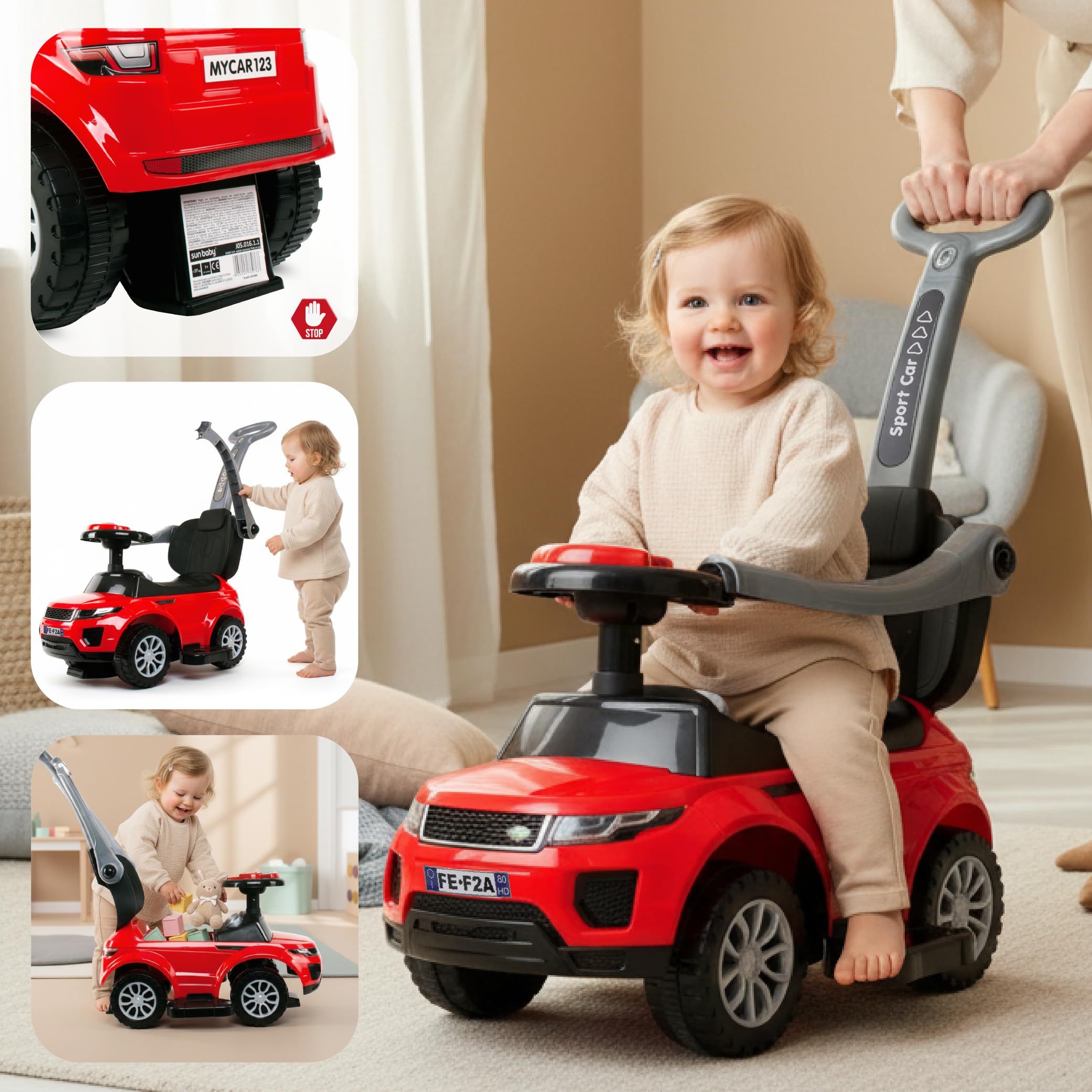 Auto a spinta per bambini 4in1, scivolo a partire da 1 anni, con clacson e musica, spazio per riporre i bagagli sotto il sedile (Rosso)