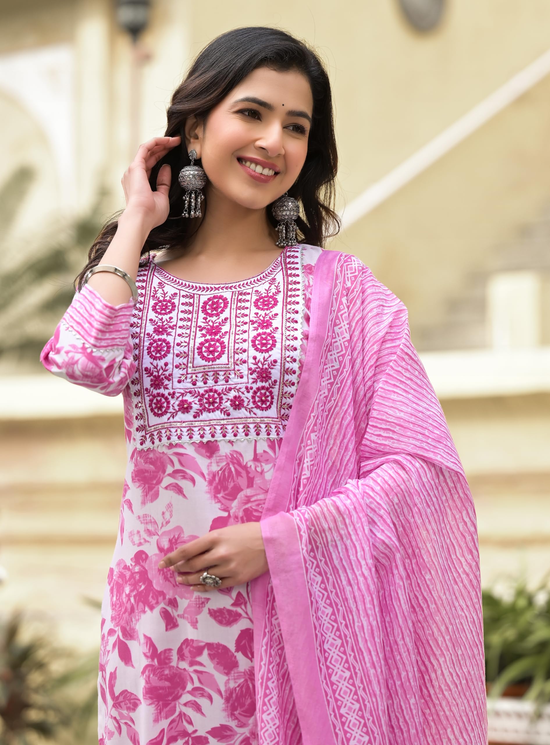 KLOSIA Conjunto de Kurta y pantalón con estampado floral recto para mujer con Dupatta | Conjunto étnico | Conjunto Dupatta | Conjunto de traje | Conjunto de Kurta | Traje de boda |