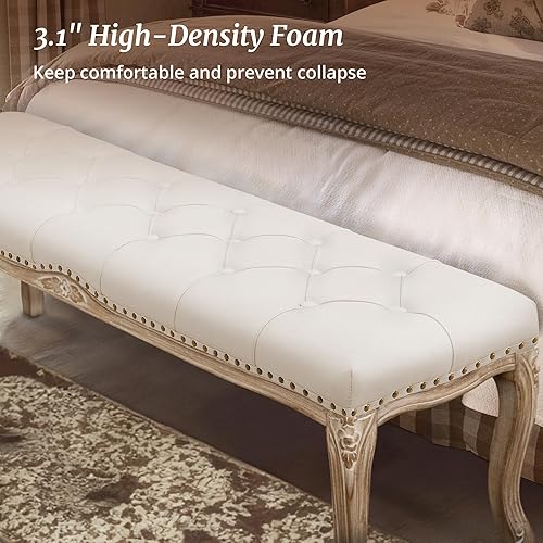 Miniatura 13 de Banco de dormitorio, banco de entrada estilo vintage francés copetudo, banco tapizado en el extremo de la cama con patas de madera envejecida, Linen