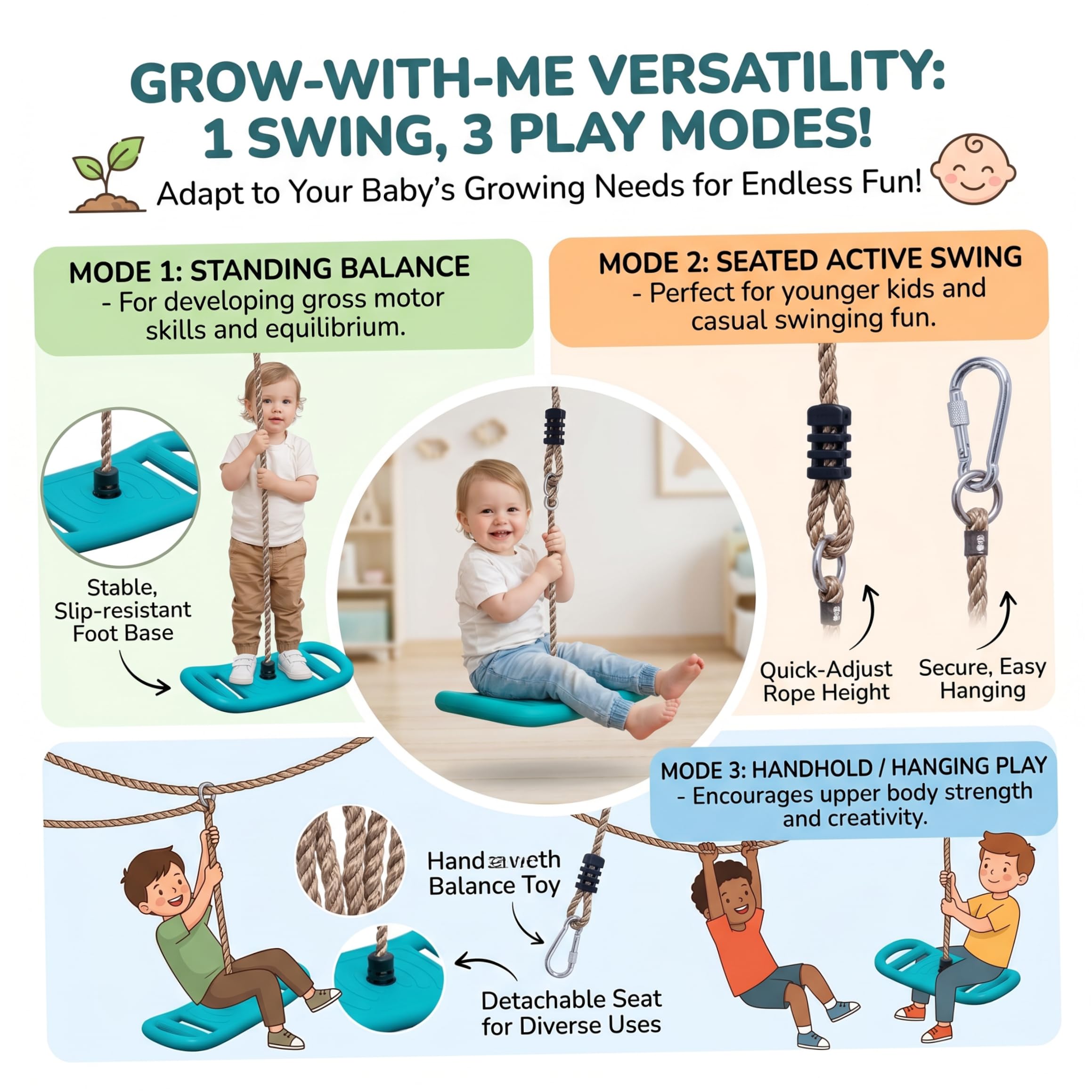 Columpio de árbol Ideal para niños sentados/tirando/de pie Columpio Ideal para Juegos en Interiores y Exteriores Ejercicio Ajustable y Actividad Divertida para niños de 60 Pulgadas