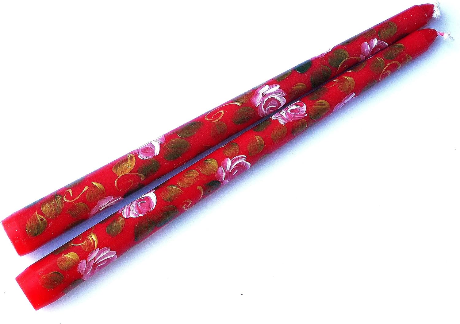 Dripless Unscented Decorative Red Taoer Candles with Romantic Artist Hand Painted Pink Roses Bohemian Floral Decor Decorations