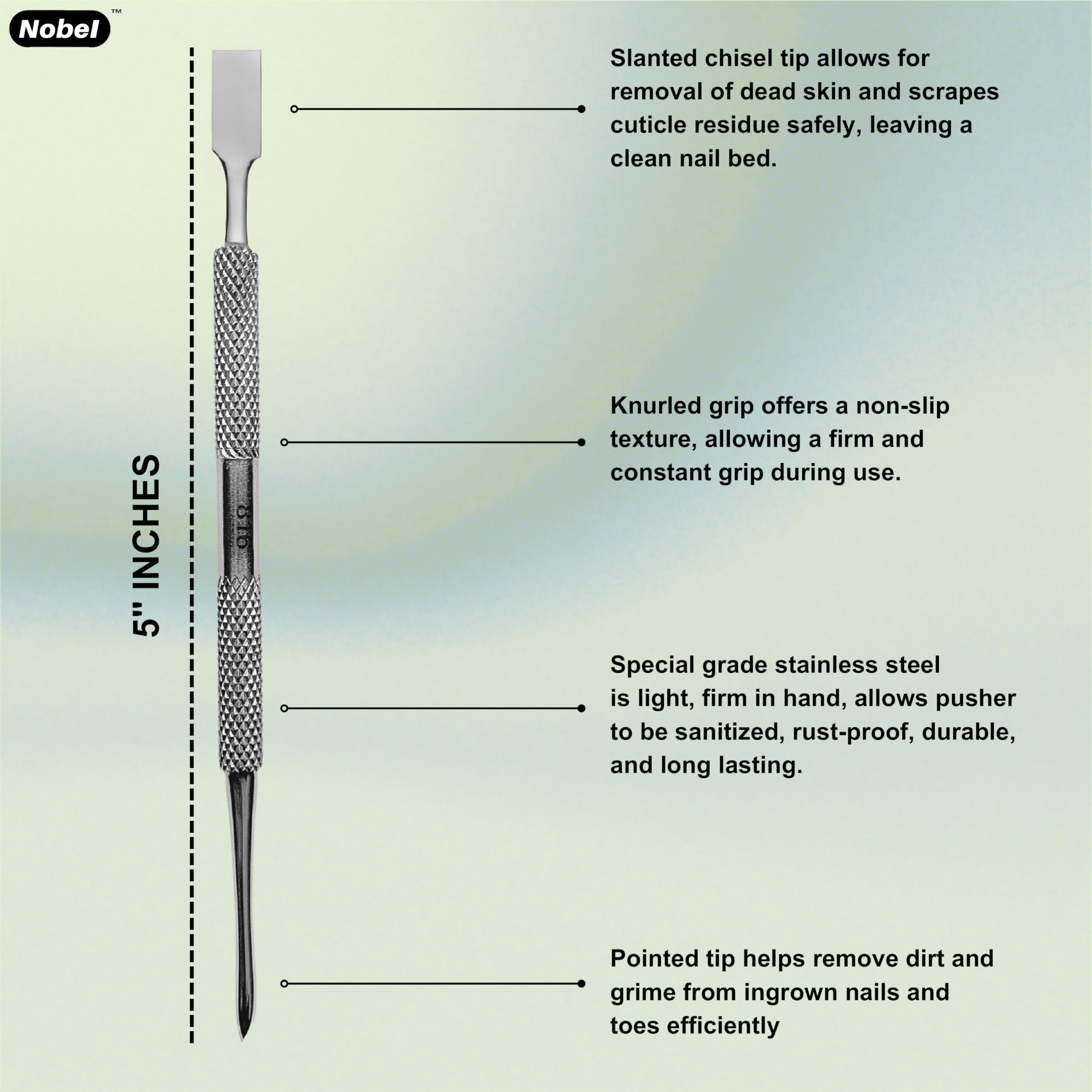 Nobelcrafts - Surgical Grade Pusher Stainless Steel Cuticle Remover For Fingernails - Professional Double Ended Manicure Tool - (816)