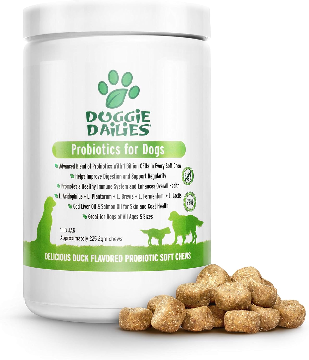 Doggie Dailies Probiotics for Dogs, 225 Soft Chews, Advanced Dog Probiotics with Prebiotics, Promotes Digestive Health, Supports Immune System and Overall Health (Duck) : Pet Supplies