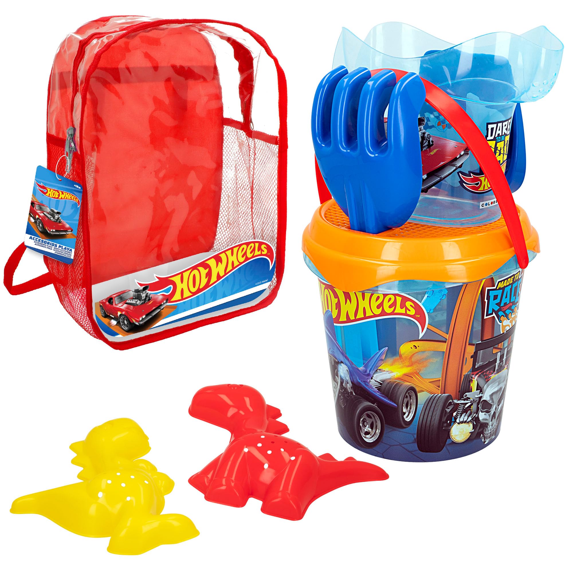 ColorBaby ColorBaby 77395 Hot Wheels Set de Playa Infantil, Conjunto de Cubo de Playa con Pala, rastrillo, regadera y Accesorios, Mochila de Playa para niñas, Set Playa Infantil, Mochila con Juguetes