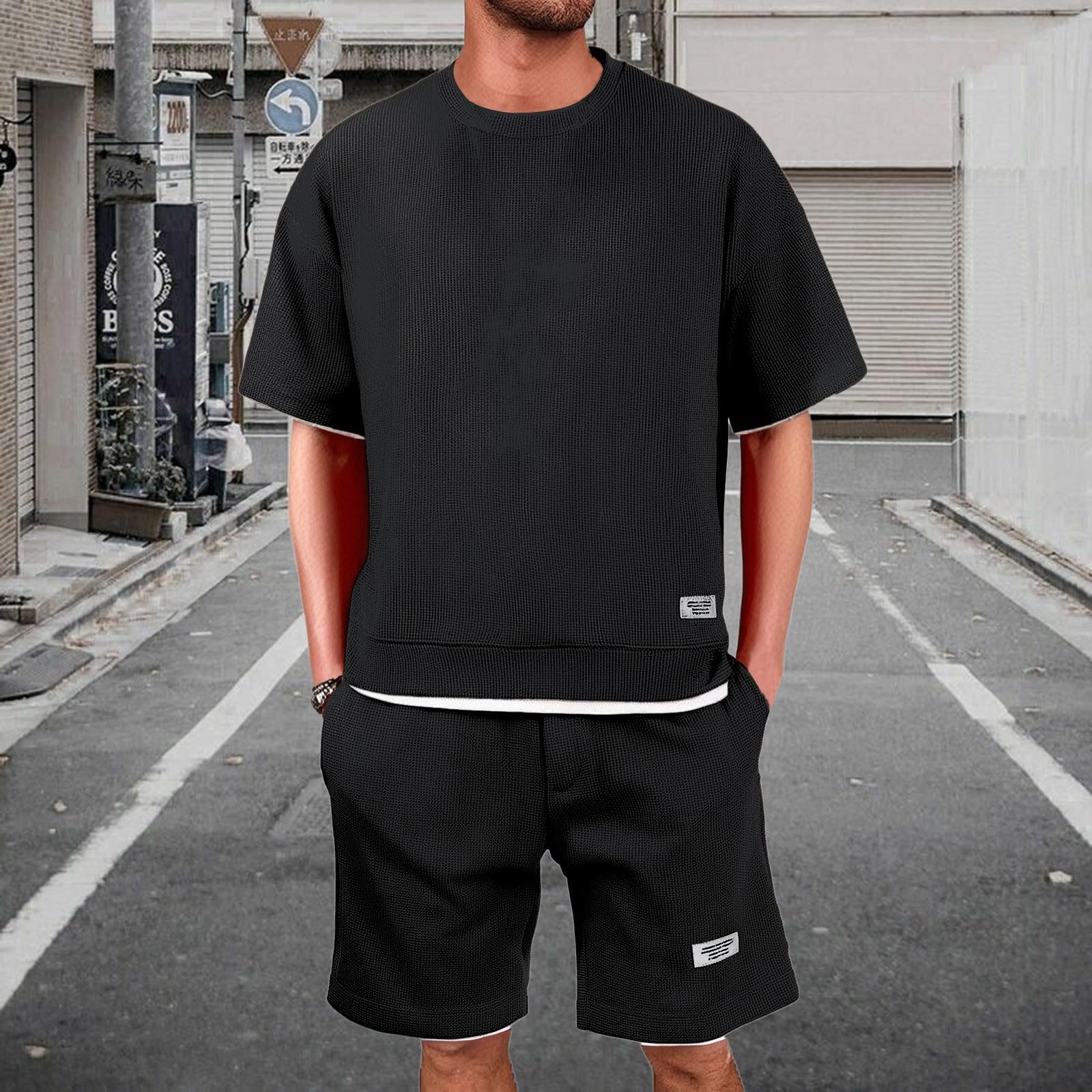 Herren Jogginganzug Set Sommer 10 Teiliges Waffle Outfit Poloshirts Kurzarm Einfarbig Strick Kurze Hose Zweiteiler Elastischer Taille Baggy Freizeitanzug Trainingsanzug Kurz Fitness Kleidung