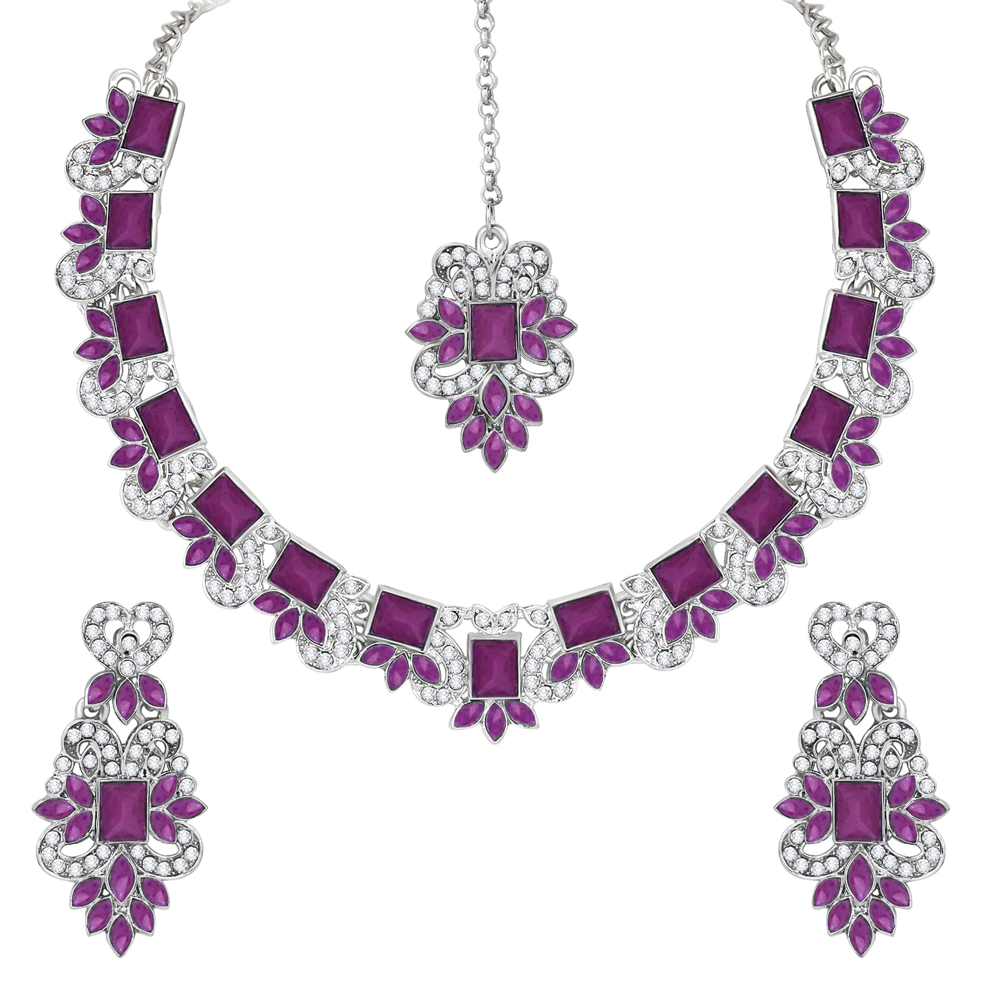 Atasi International Silver Plated Purple Crystal Diamond Necklace with Earrings and Maang Tikka for Women - Jewellery Set for Party, Wedding, Engagement (RDPU5849) (B0D296F6F4) Amazon Price History, Amazon Price Tracker