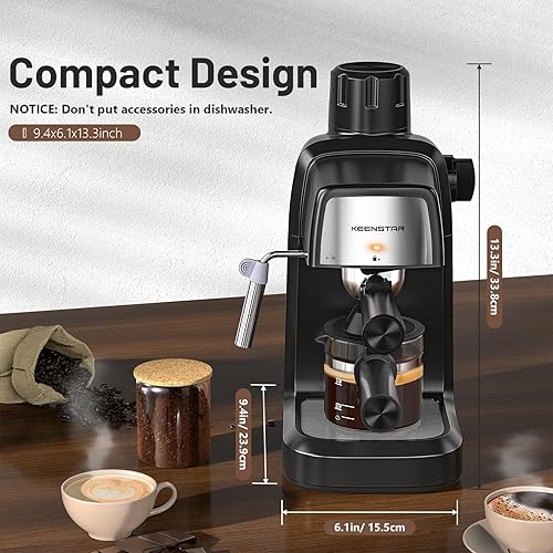 Miniatura 6 de KEENSTAR Máquina de café, cafetera espresso de 3.5 bares, 800 W con espumador de leche, cafetera portátil de 4 tazas para café con leche, capuchino,