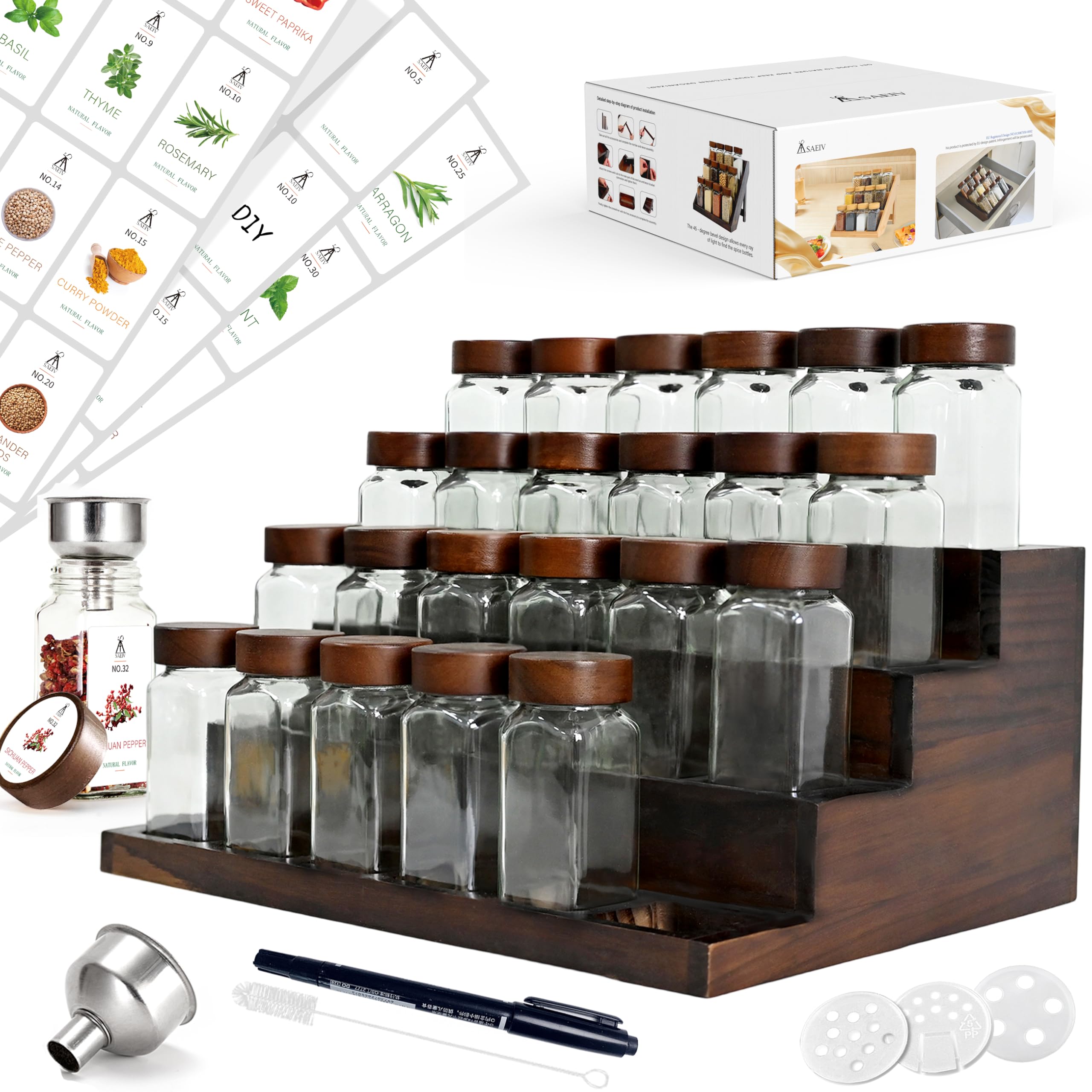 SAEIV 24 Pièces Pot à Épices Verre Couvercles Acacia, Bocaux Borosilicaté Sans BPA, Porte-Épices Hermétique, Étagère 4 Niveaux Acacia, Rangement Cuisine Gain de Place