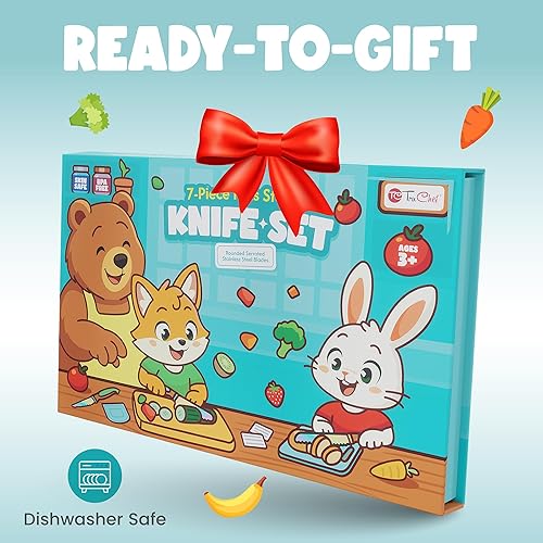 Miniatura 6 de Juego de cuchillos para niños para cocina real, kit de iniciación 100% seguro para la piel, acero inoxidable con titanio arcoíris, incluye chef,