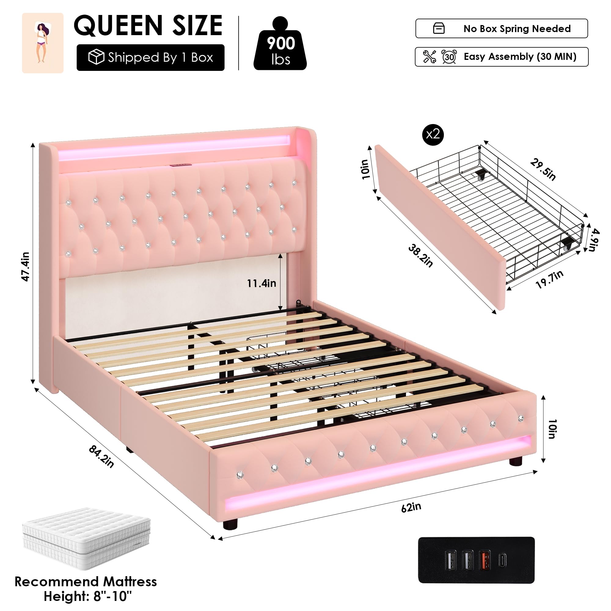 Condition photo showing New/Like New for hifit upholstered queen led bed frame with charging station and 2 storage drawers, velvet crystal button-tufted wingback headboard, princess platform bed frames for girls, no box spring needed, pink