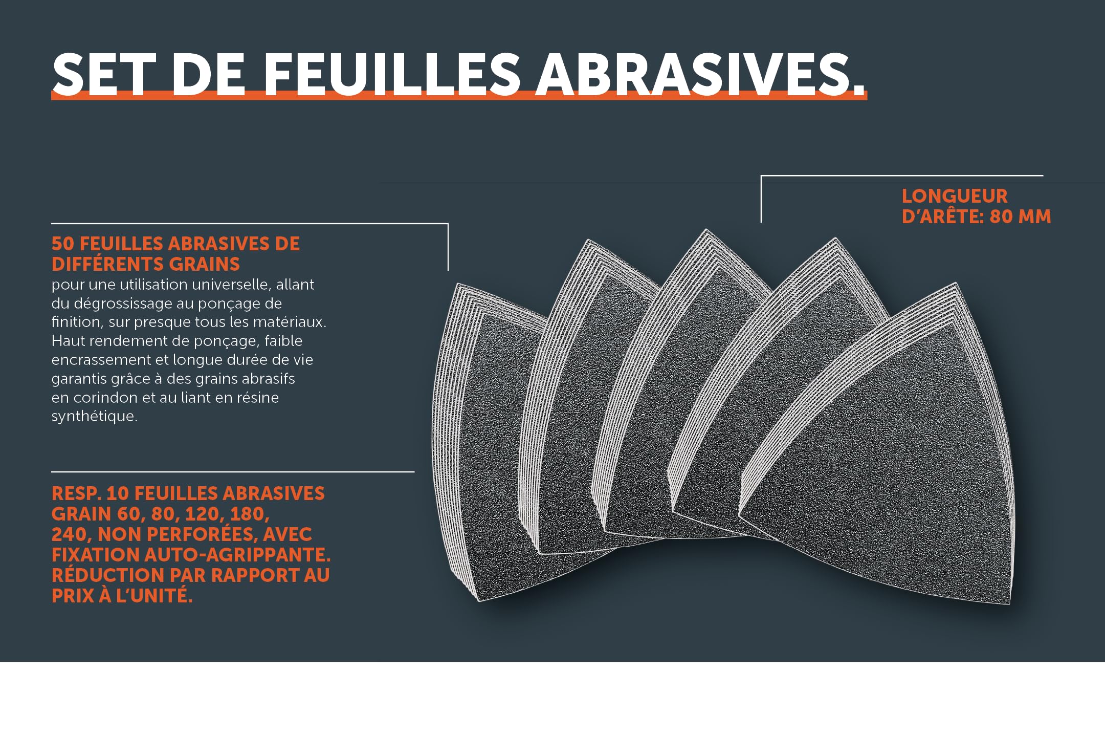 FEIN Set 50 feuilles abrasives non perforées, 10 feuilles x grain 60-80-120-180-240, fixation rapide, utilisation universelle pour le dégrossissage et la microfinition, reliure en résine synthétique