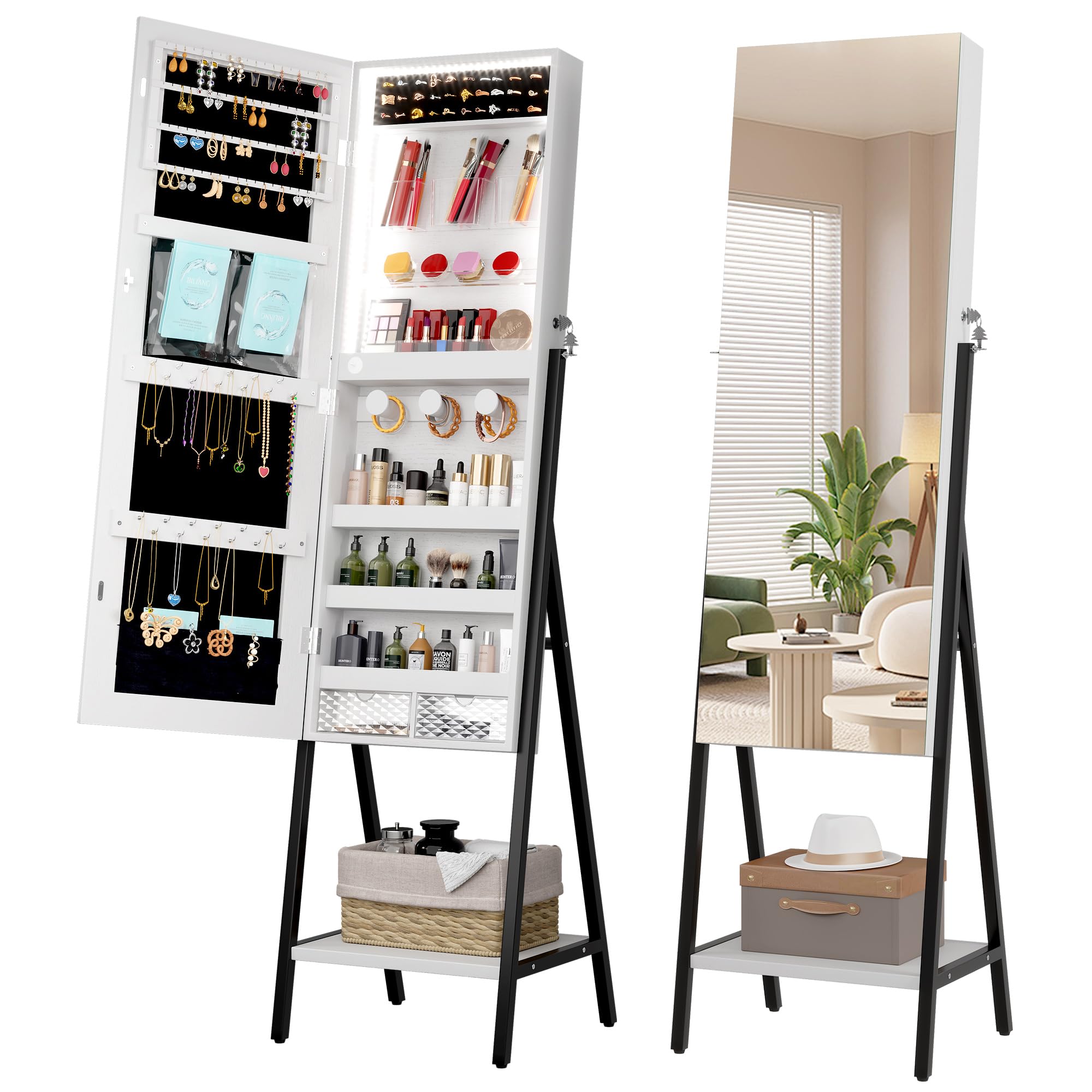 LVSOMT 3 LEDs Mirror Jewelry Cabinet, 42.5" Jewelry Mirror with Full ...