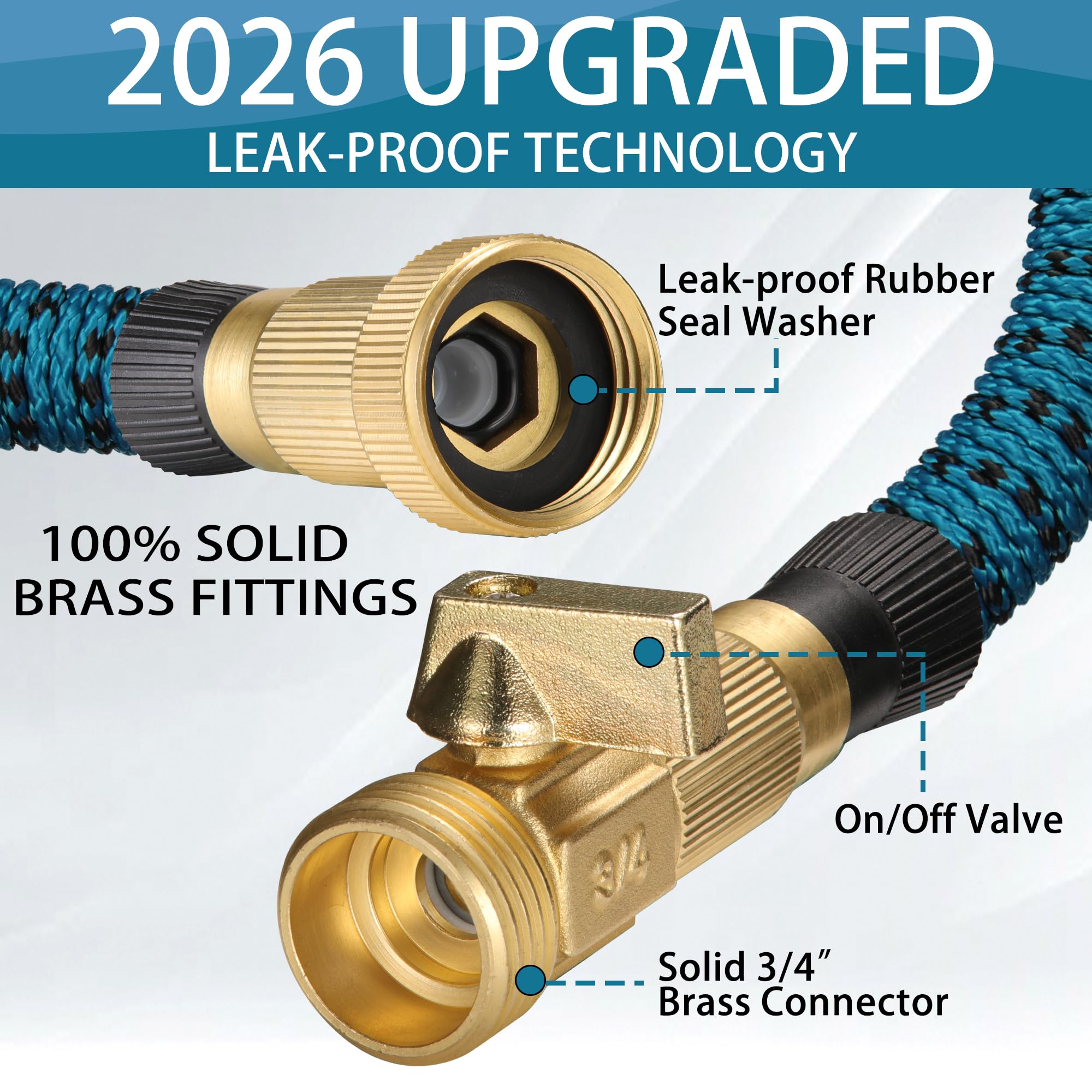 50 FT Garden Hose – 2026 Upgarded Expandable Garden Hose w/10 Pattern Spray Nozzle, 650psi Brass 3/4” Fittings – Lightweight, Durable, Kink-Free, Retractable Water Hoses for Gardening(Blue Black) — view 2