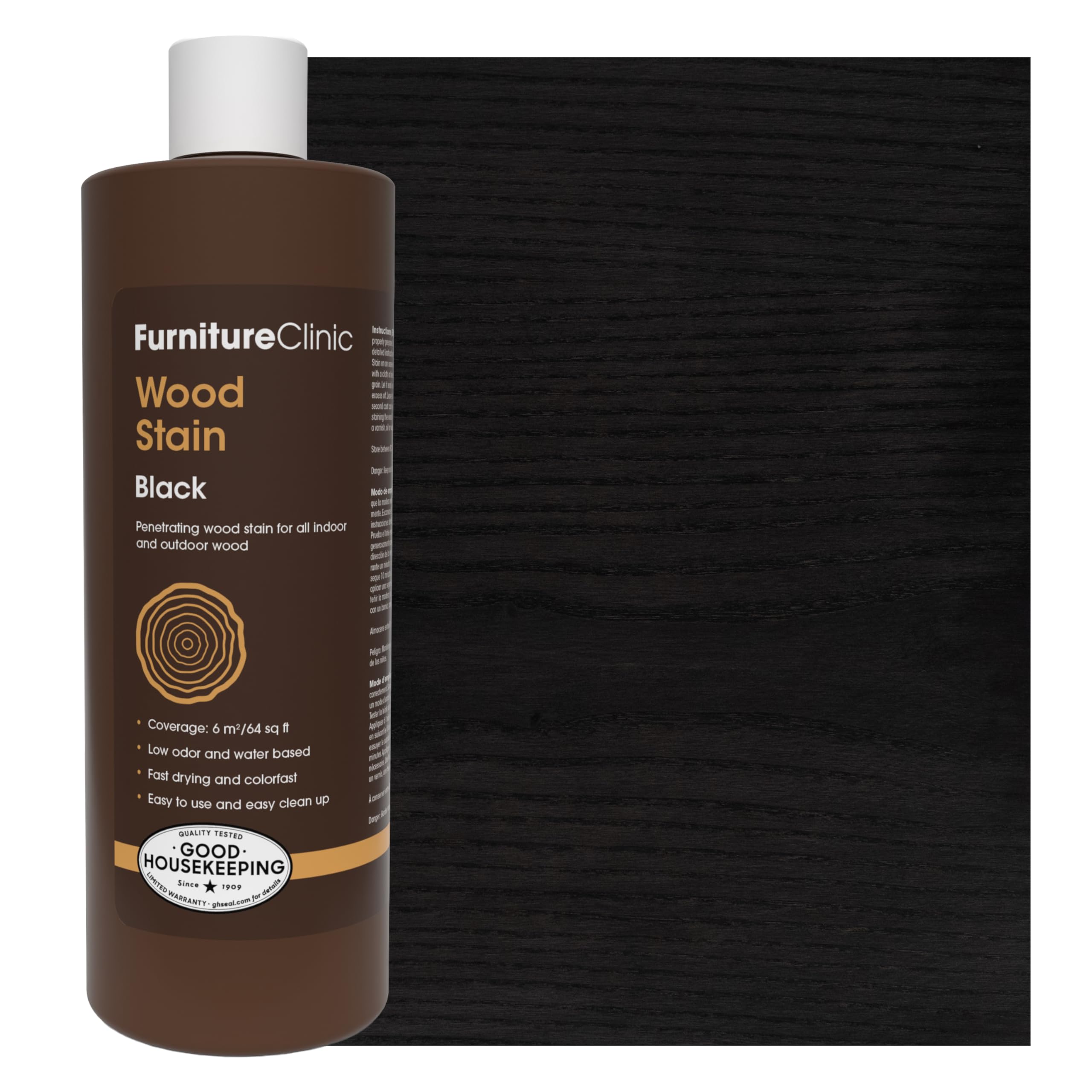 Furniture Clinic Wood Stain | Black | Water Based | Fast Drying, Low Odor, & Non-Toxic | For Indoor & Outdoor Furniture and More | Multiple Finishes | (17oz / 500ml)