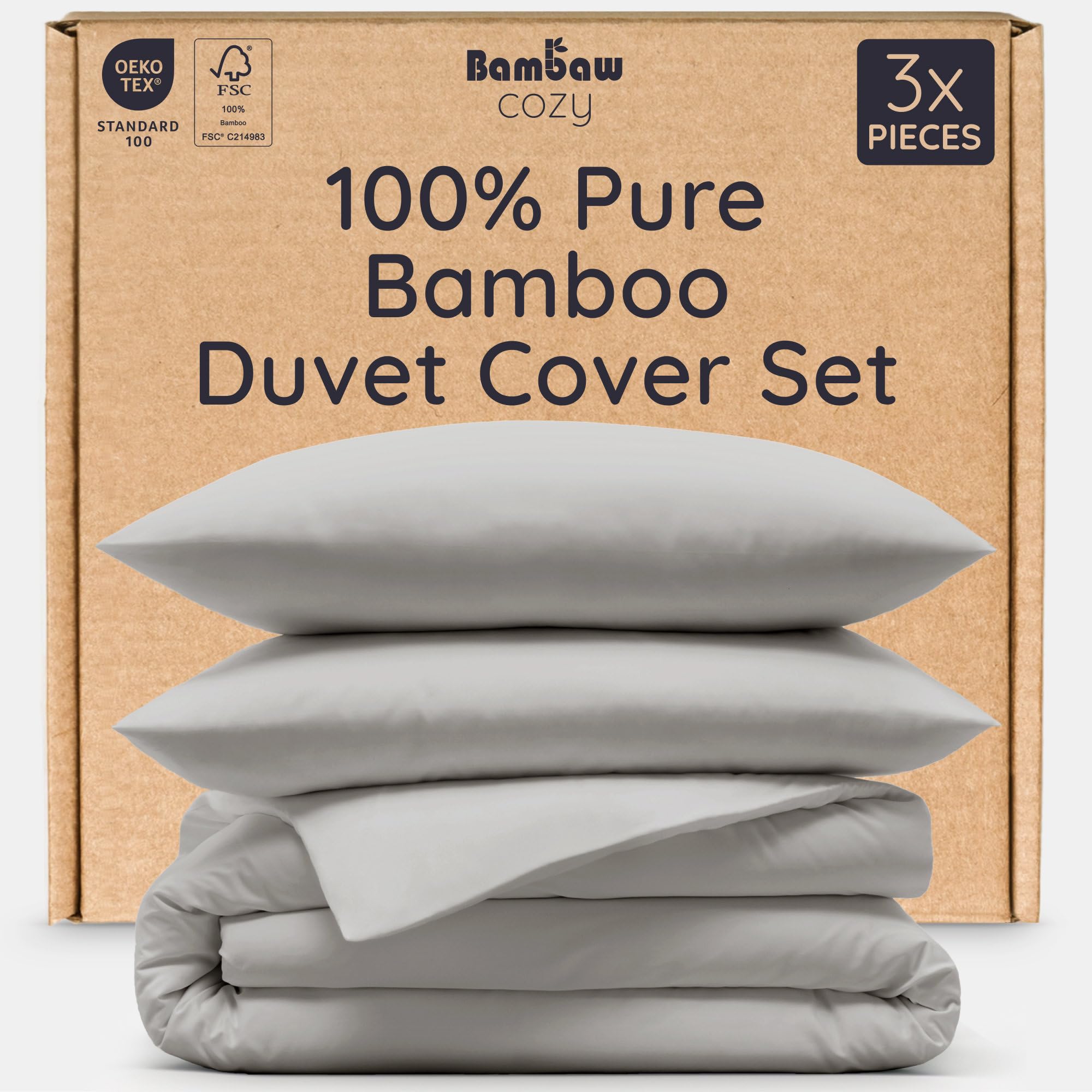 Bambaw Bamboo Duvet Cover Set, 3-Piece King Size Duvet Cover Set (240 x 220 cm) with a Bamboo Pillow Cases Pack of 2 (50 x 75 cm), Cooling, Moisture Wicking & Gentle on Sensitive Skin (Moonlight Gray)