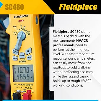 Fieldpiece SC480 Wireless Power Clamp Meter - True RMS HVACR Multimeter w/Job Link App Connectivity - Inrush Current, 3-Phase Testing, Low Pass Filter, CAT IV 600V - HVAC Tools