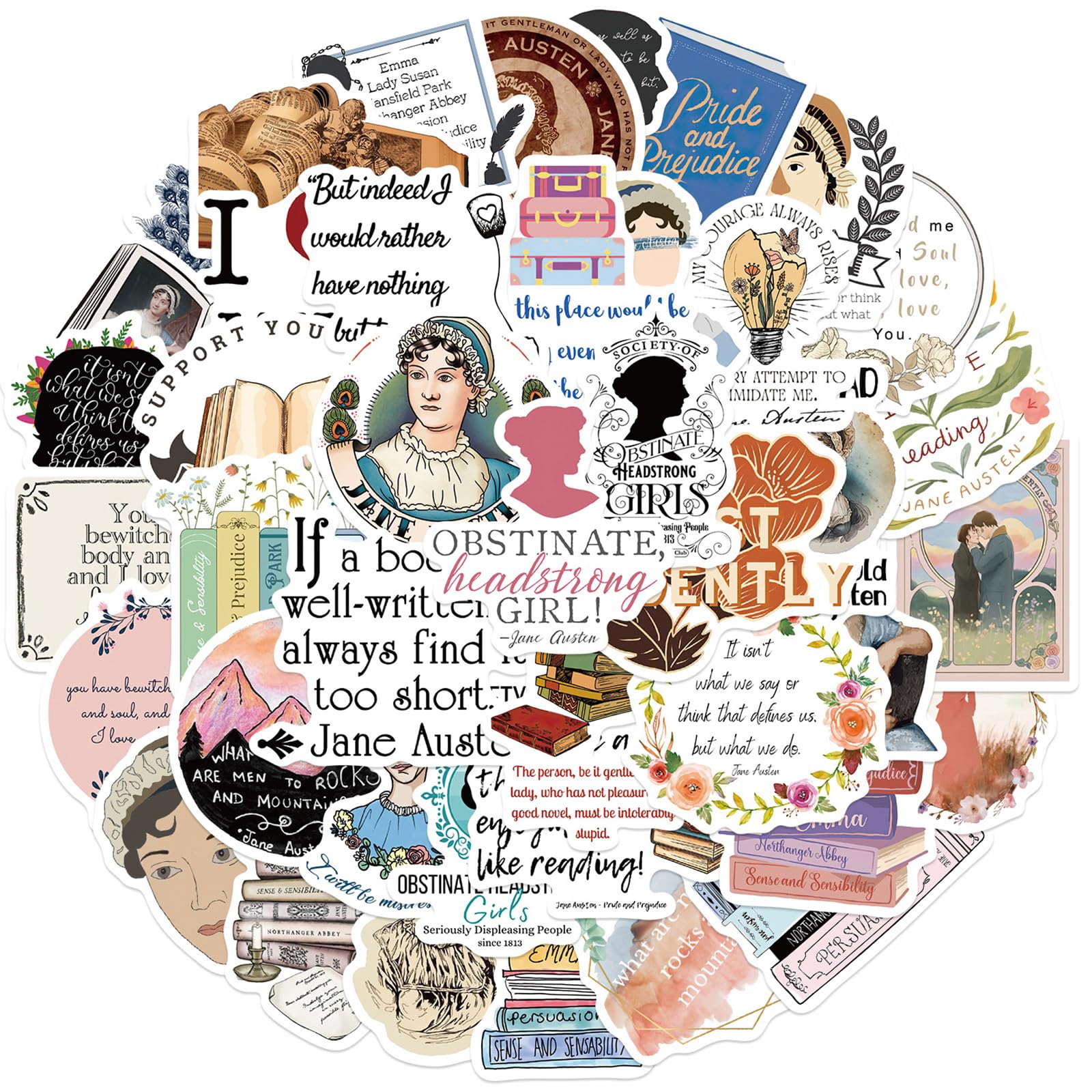 50pcs Jane Austen Multicolor Waterproof Vinyl Stickers Decals for Water Bottles, Laptops, Cars, Skateboards, Snowboards, etc.