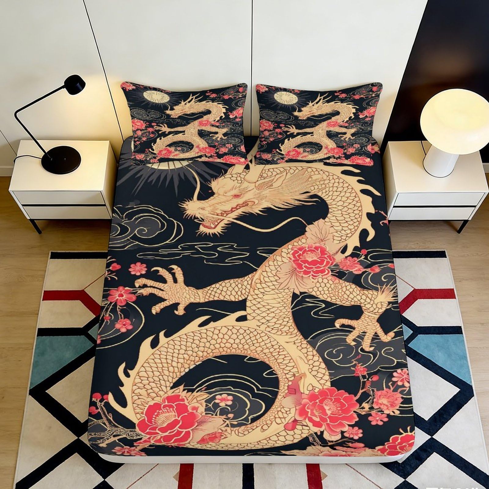 3D Printed Dragon Fitted Sheet Microfiber Deep Pocket Bedroom Non-Slip Dragon Mattress Fitted Cover Washable 140x200x25cm