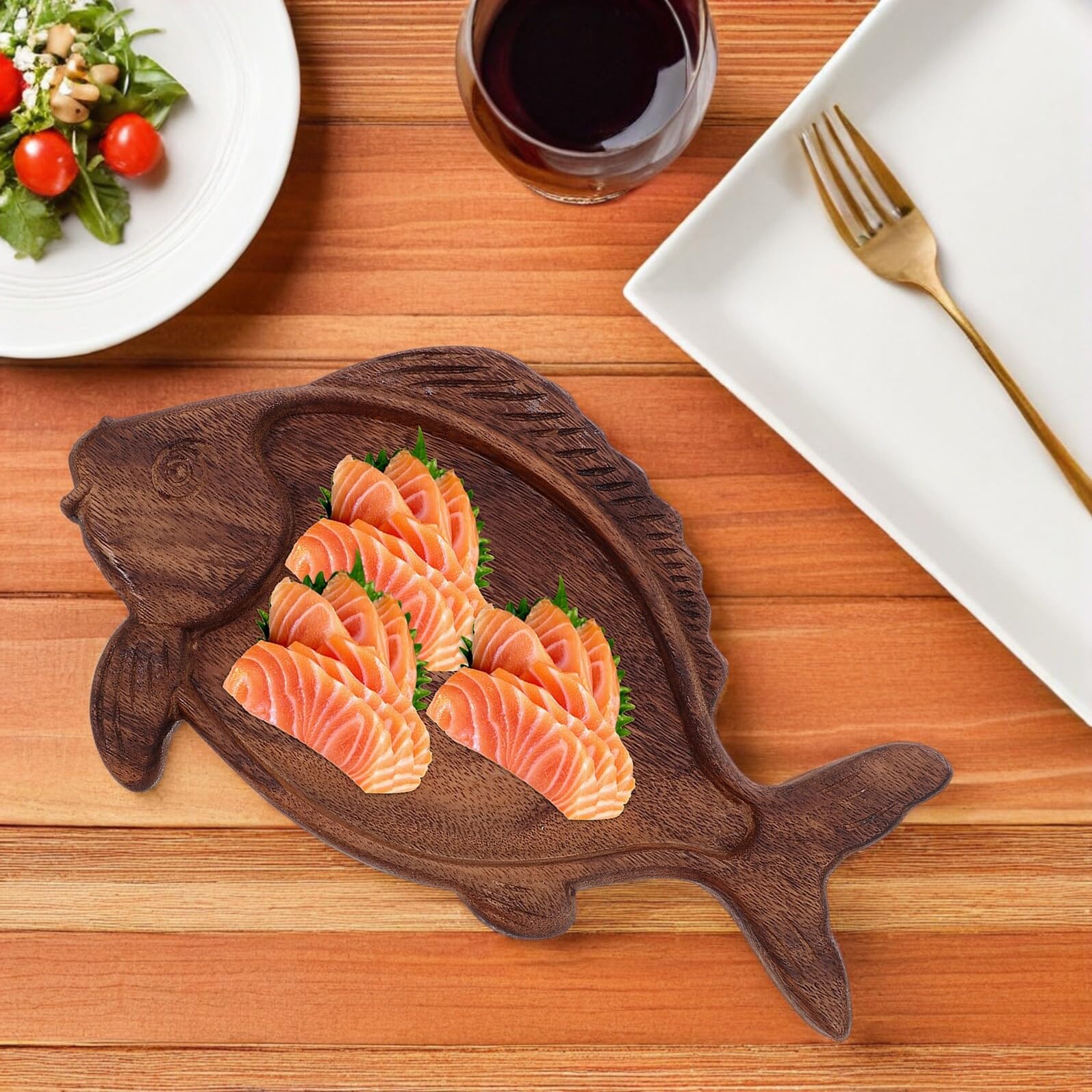 Mikikit Vassoio Per Alimenti Forma Di Pesce in Legno Di Noce Vassoio Per Antipasti Per Sushi Giapponese Verdure Salumi Formaggi Dessert e Frutta Secca