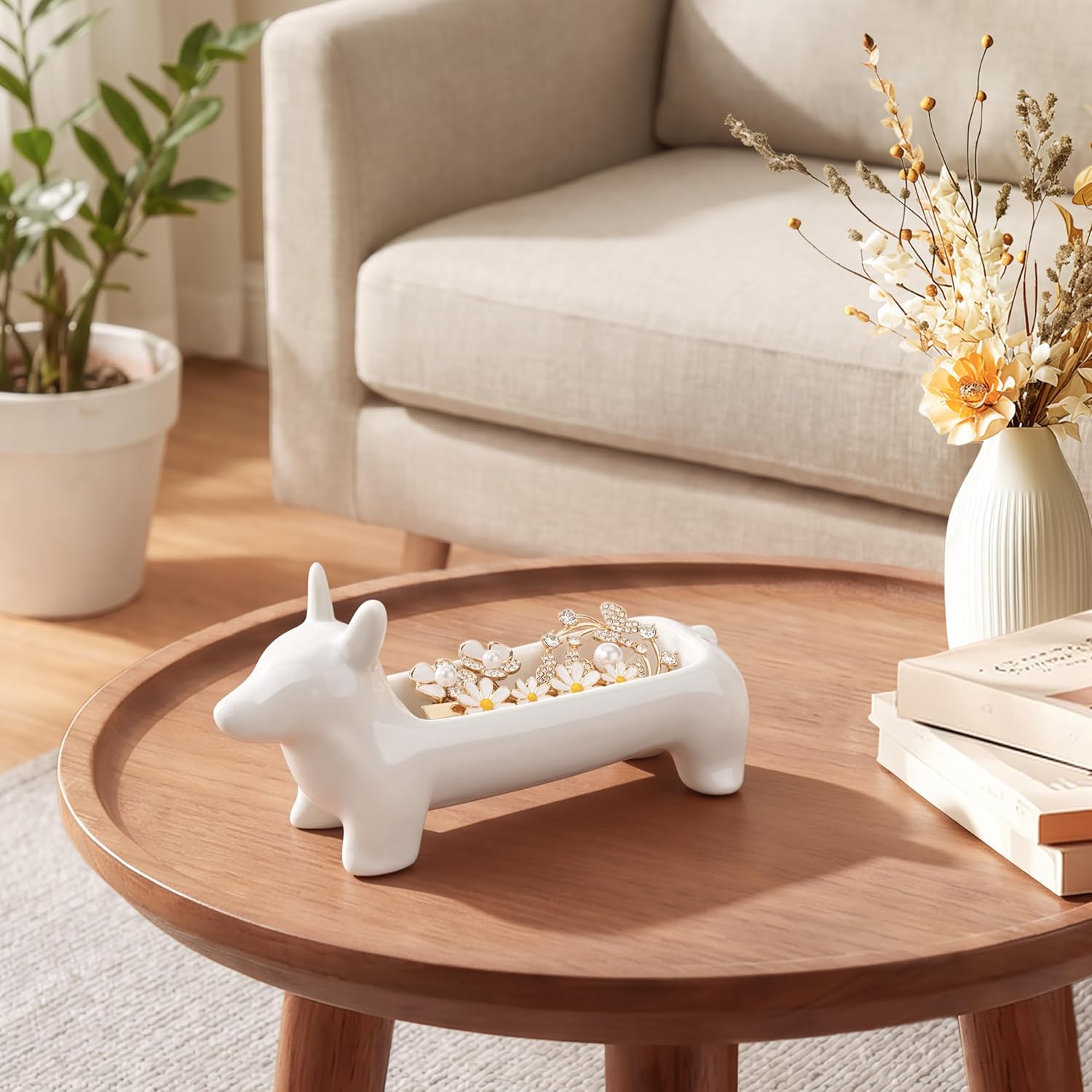 pickpiff Dog Ring Holder, Cute Corgi Ceramic Jewelry Tray, White image 2