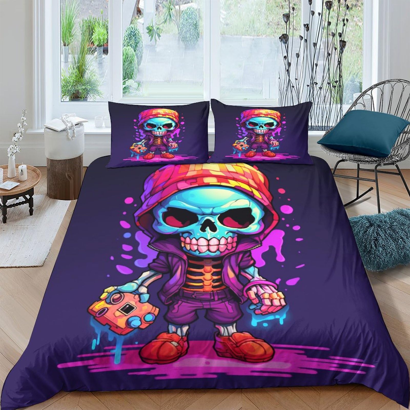 Parure de lit 3 pièces squelette 3D drap de couette facile d'entretien