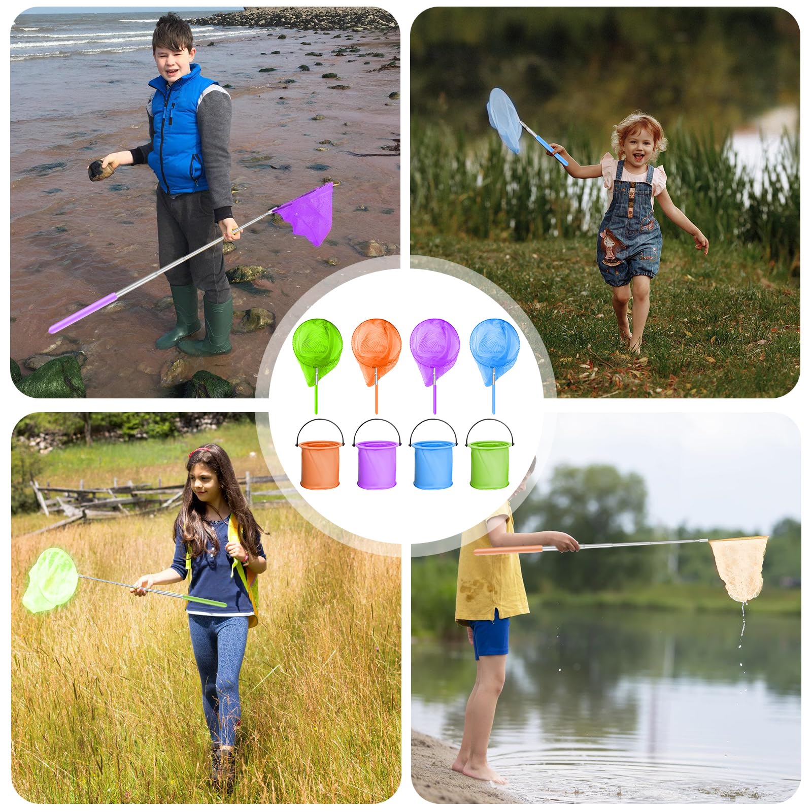 Retino per bambini, set di 4 retini telescopici per bambini, rete a farfalla estensibile con secchi pieghevoli, retino piccolo, rete da pesca, cattura insetti, pesca, pesca, giardino, piscina