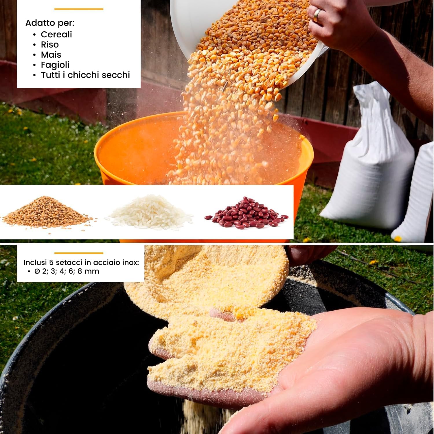 STREND PRO Mulino per cereali elettrico 1300W 60 L | 5 setacci | PROFI Mulino elettrico per tutti i tipi di cereali - Grano, Orzo, Mais, Avena | Mulino per mangimi per alimentare animali/bestiame